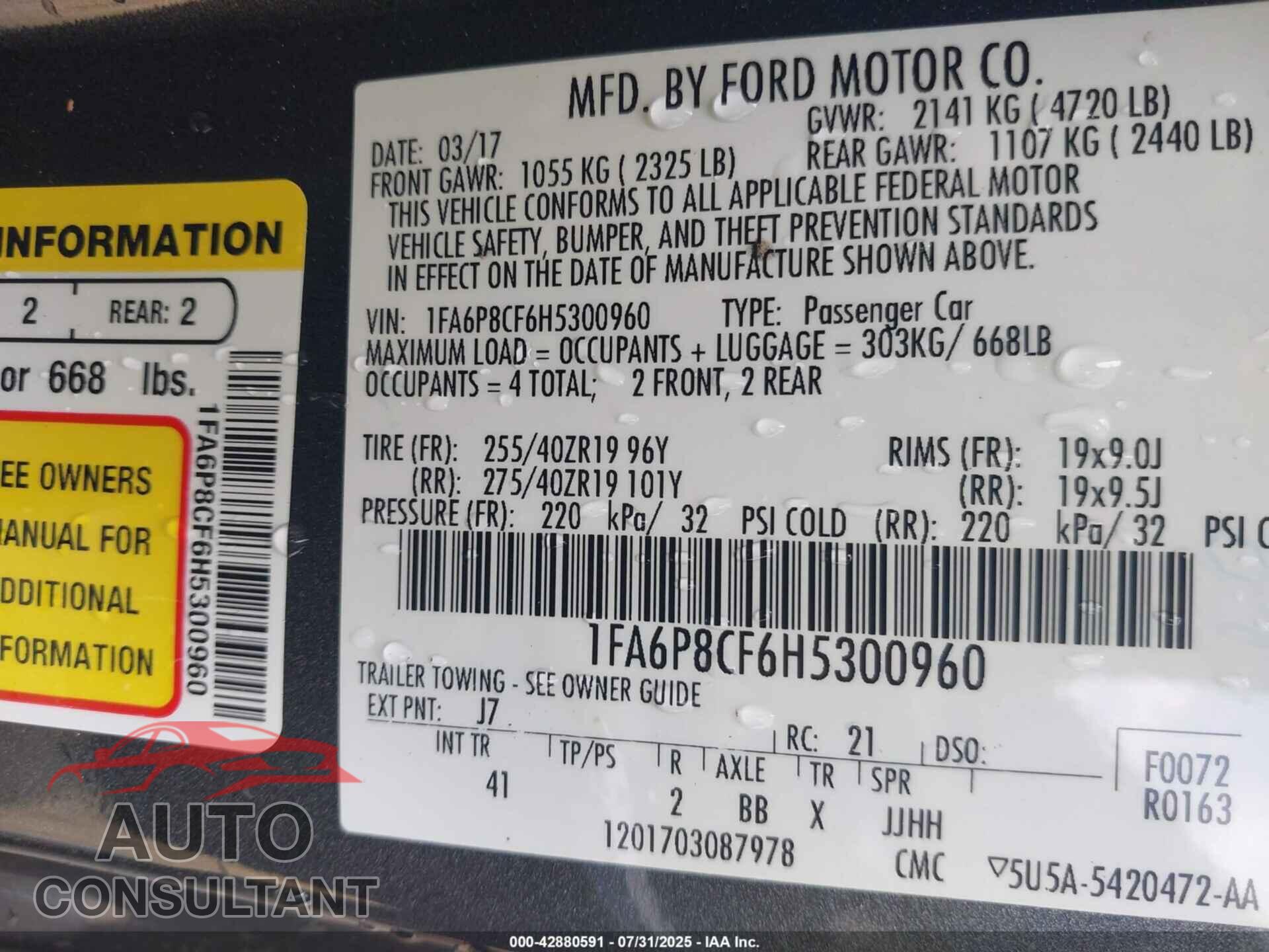 FORD MUSTANG 2017 - 1FA6P8CF6H5300960