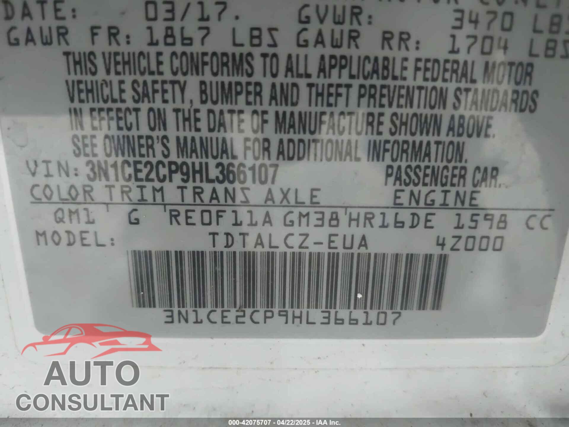 NISSAN VERSA NOTE 2017 - 3N1CE2CP9HL366107