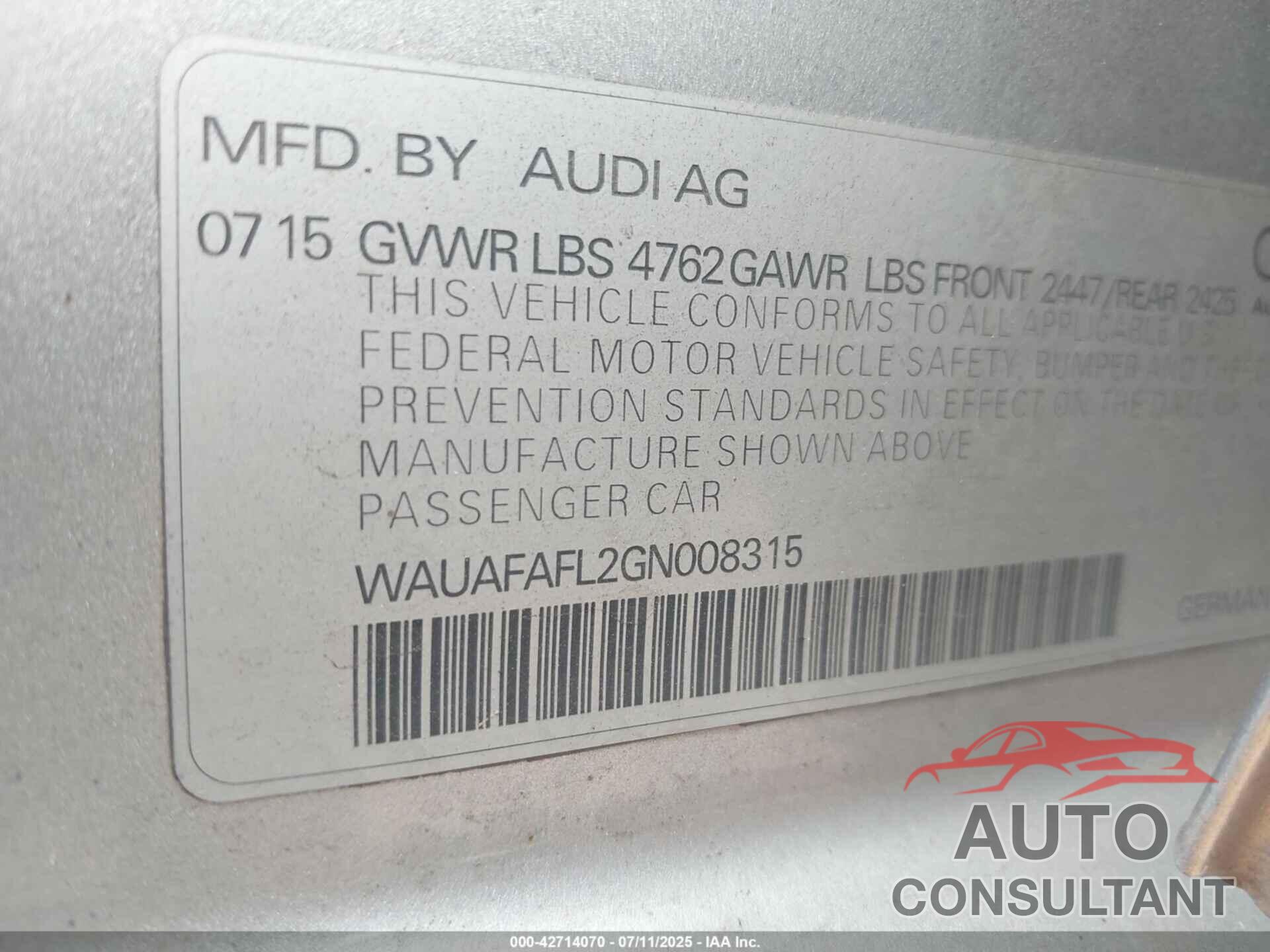 AUDI A4 2016 - WAUAFAFL2GN008315