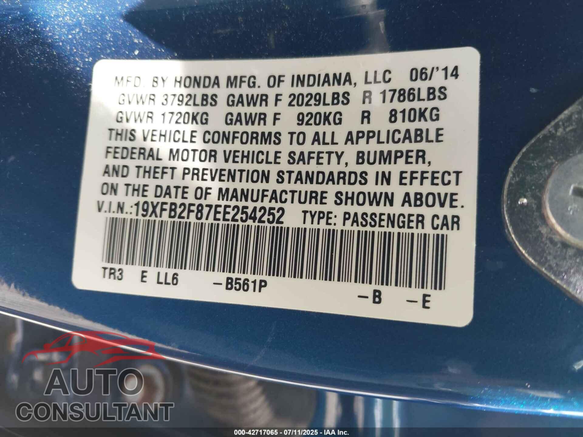 HONDA CIVIC 2014 - 19XFB2F87EE254252