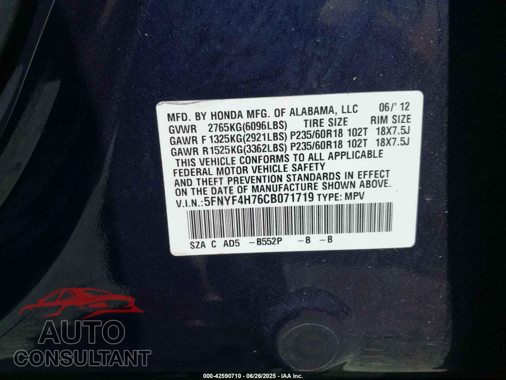 HONDA PILOT 2012 - 5FNYF4H76CB071719