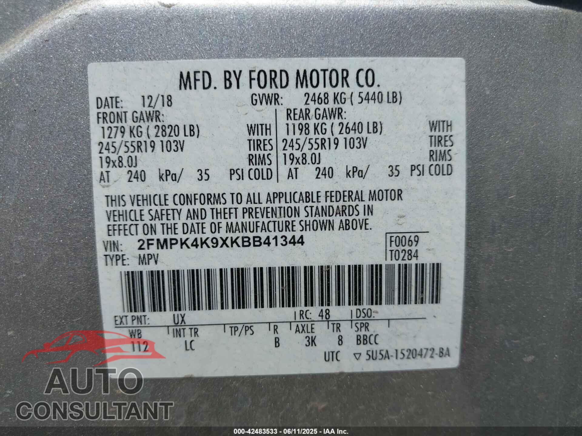 FORD EDGE 2019 - 2FMPK4K9XKBB41344