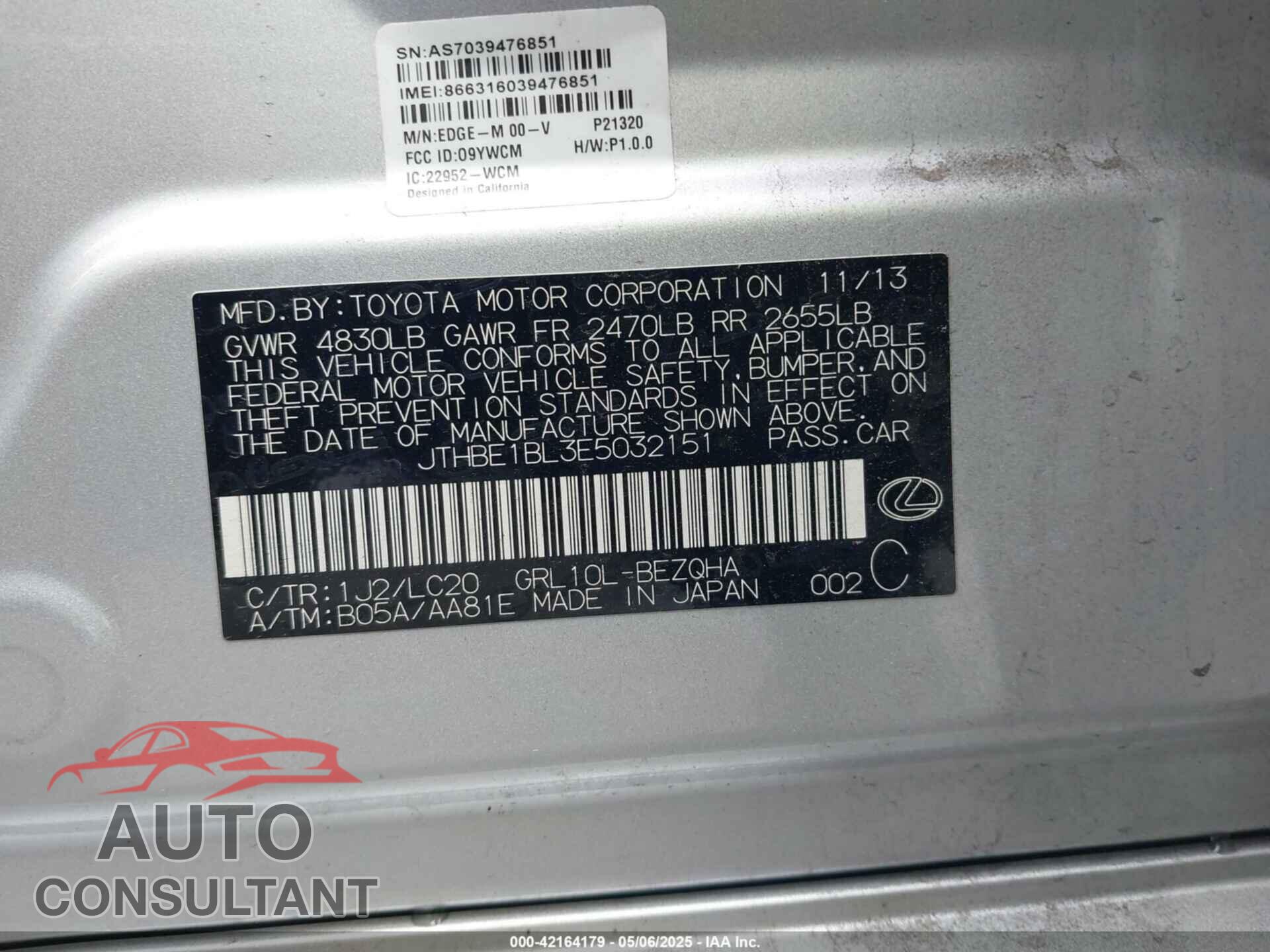 LEXUS GS 2014 - JTHBE1BL3E5032151