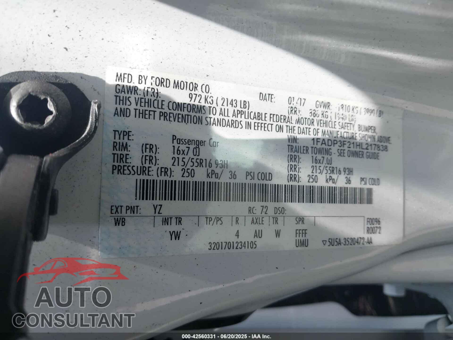FORD FOCUS 2017 - 1FADP3F21HL217838