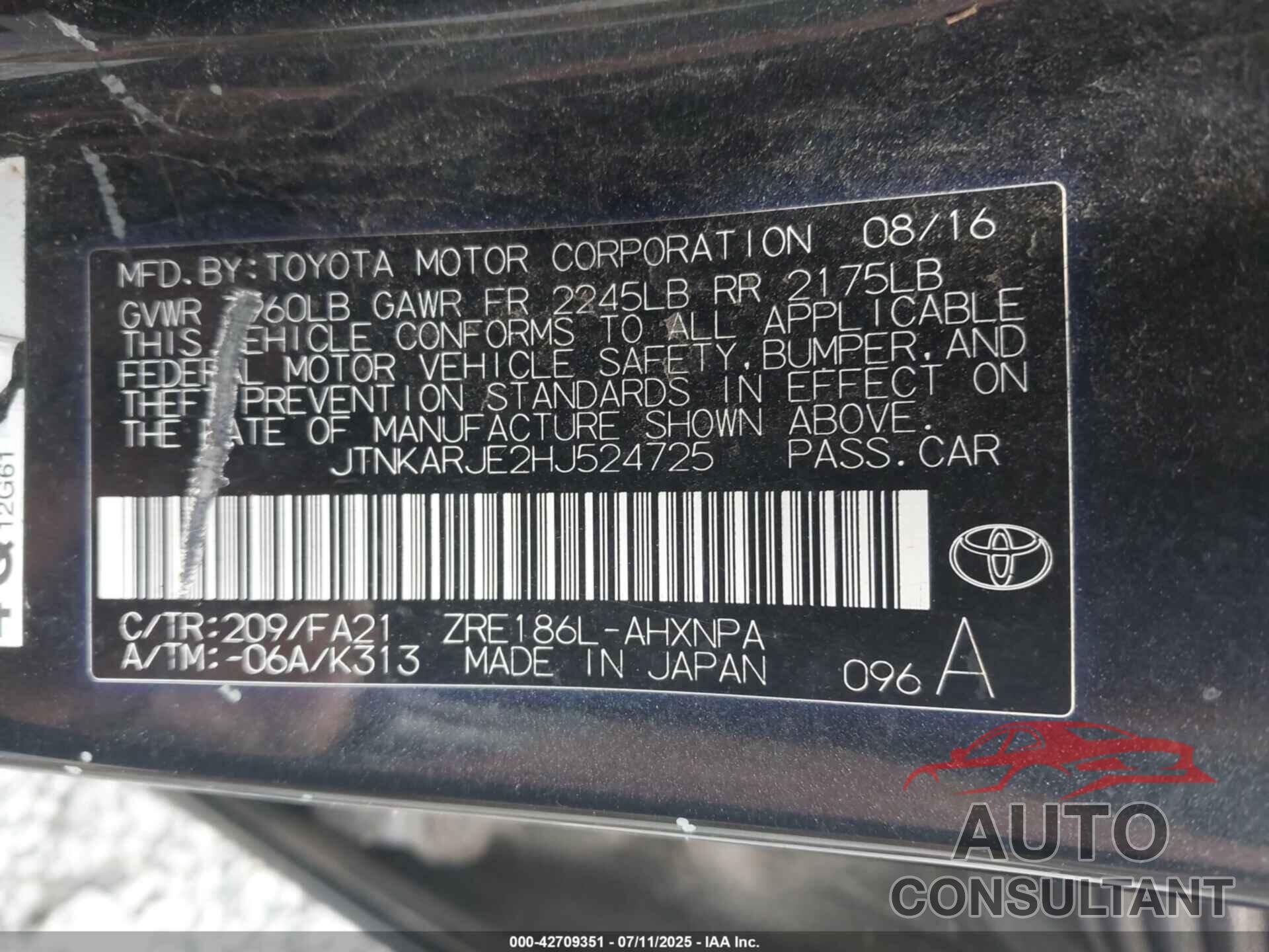 TOYOTA COROLLA IM 2017 - JTNKARJE2HJ524725