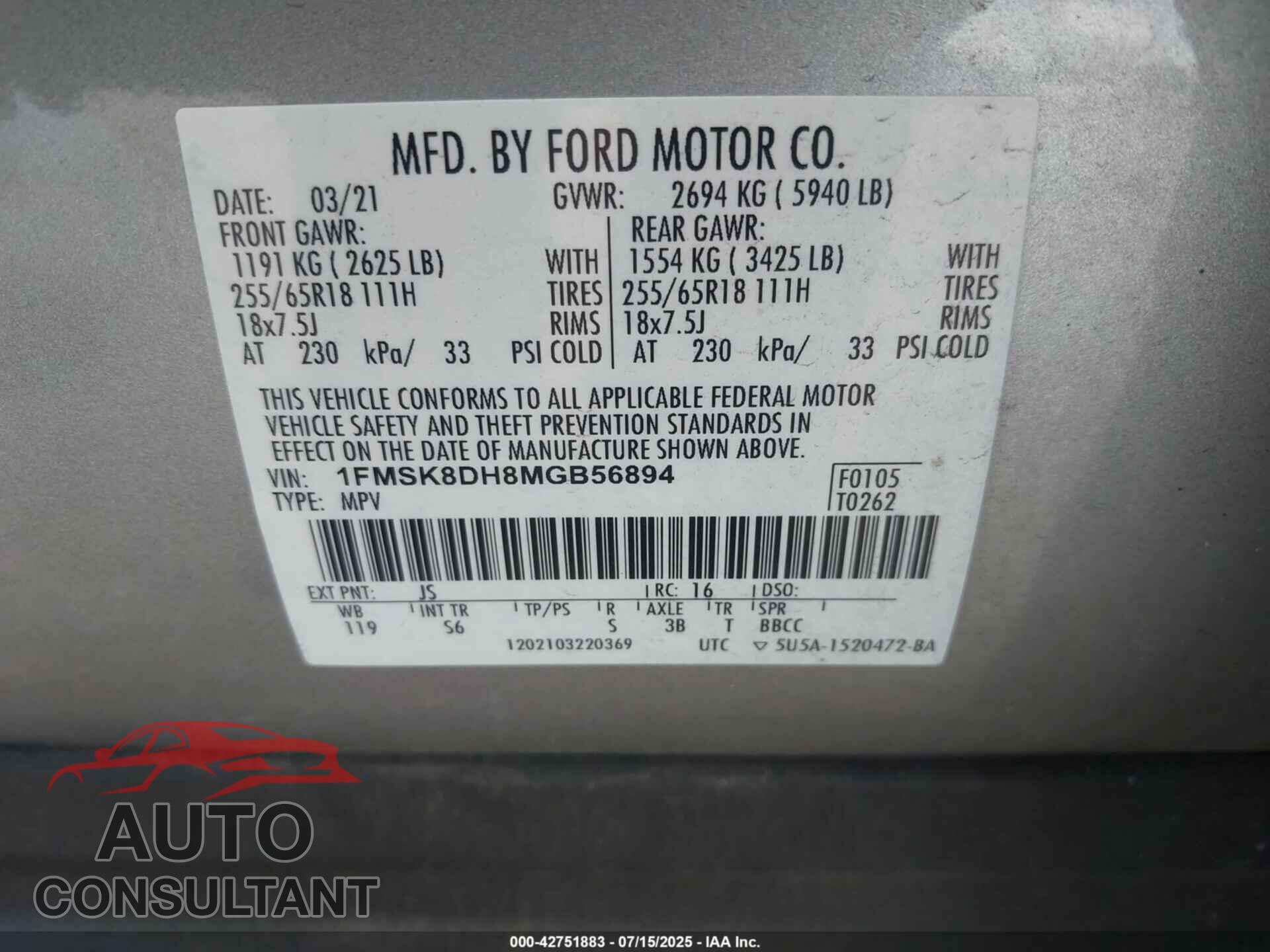 FORD EXPLORER 2021 - 1FMSK8DH8MGB56894