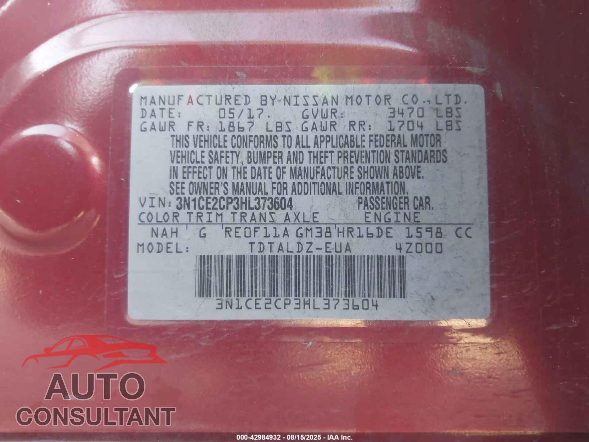 NISSAN VERSA NOTE 2017 - 3N1CE2CP3HL373604