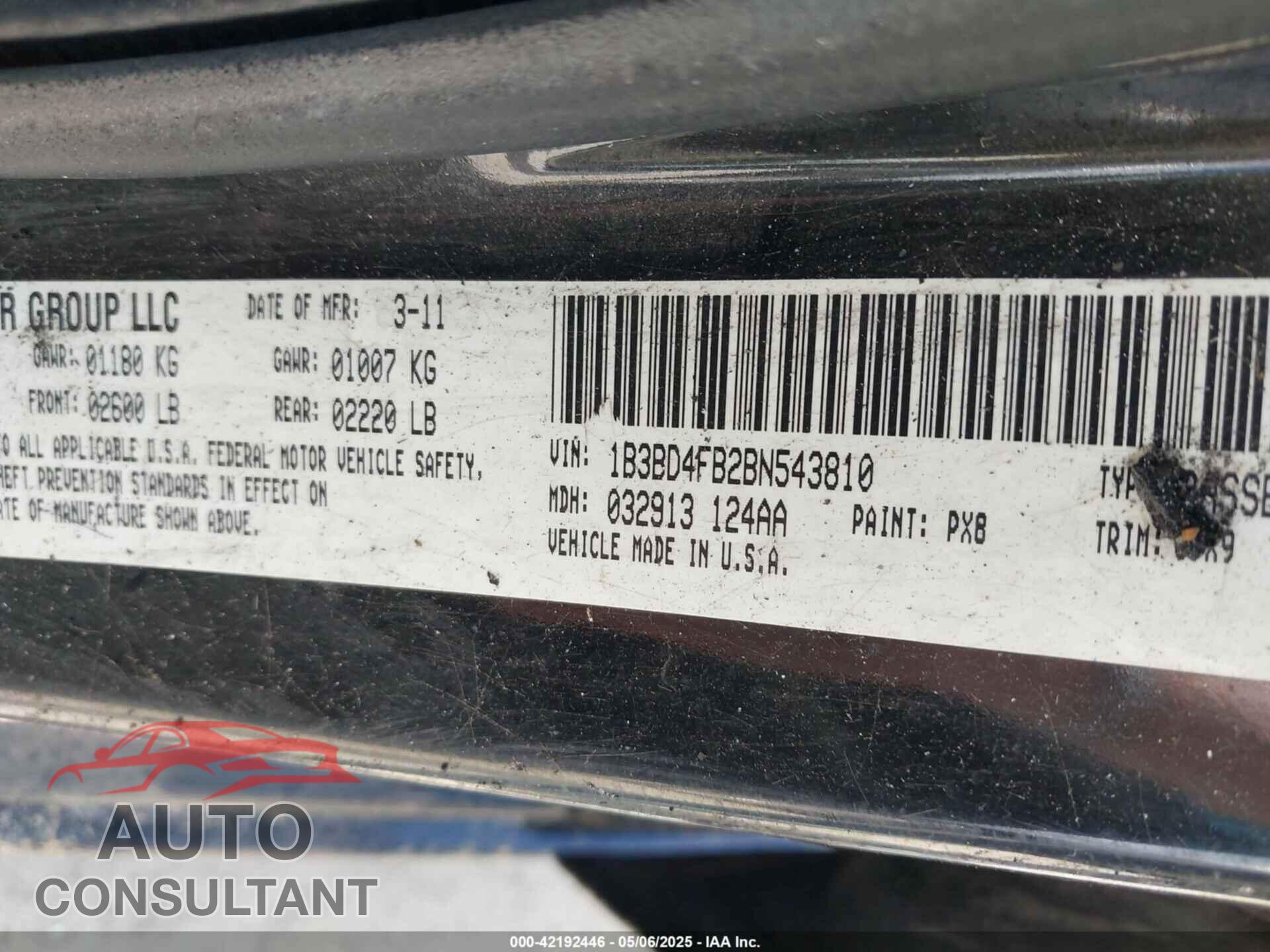 DODGE AVENGER 2011 - 1B3BD4FB2BN543810