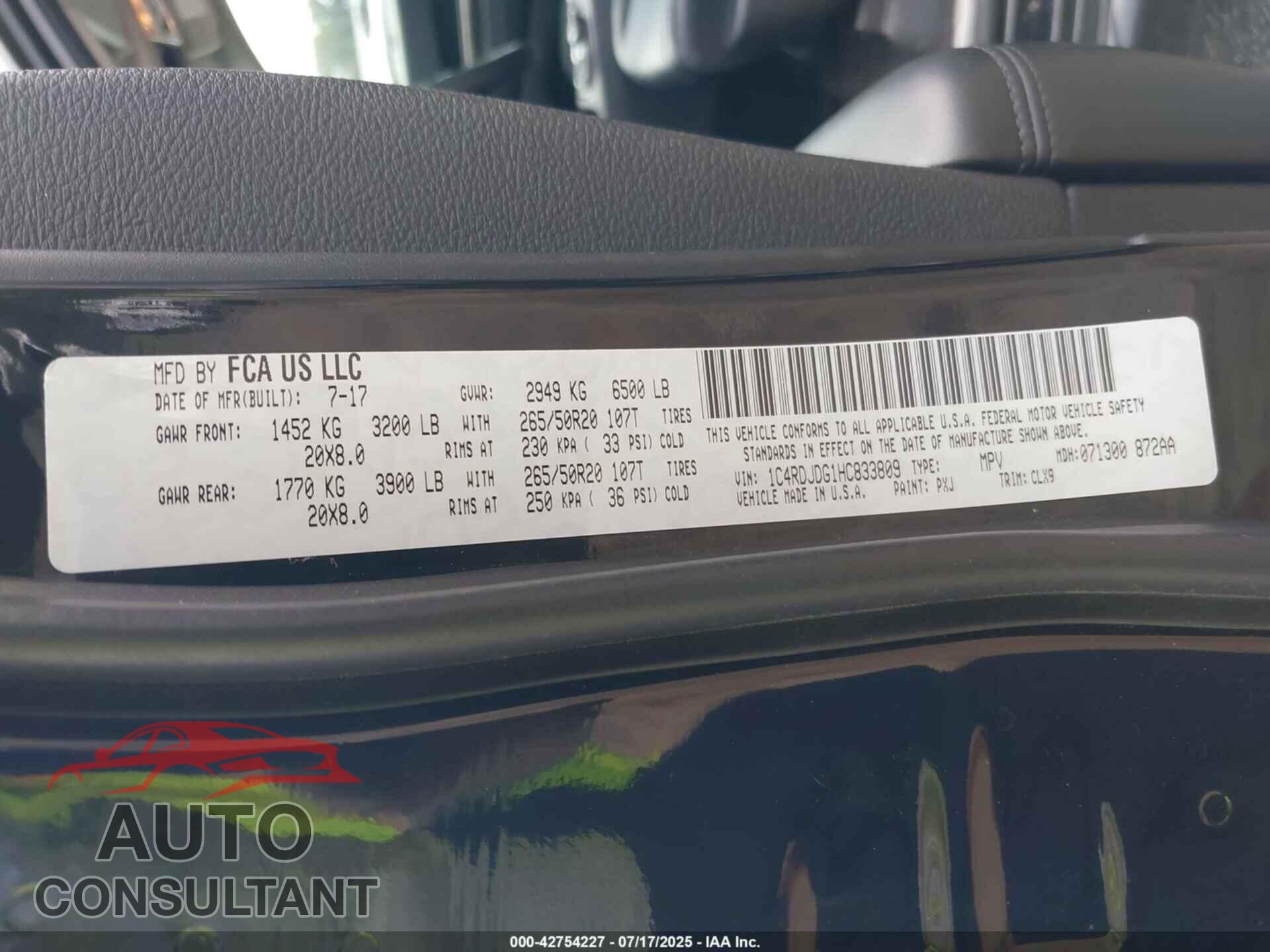 DODGE DURANGO 2017 - 1C4RDJDG1HC833809