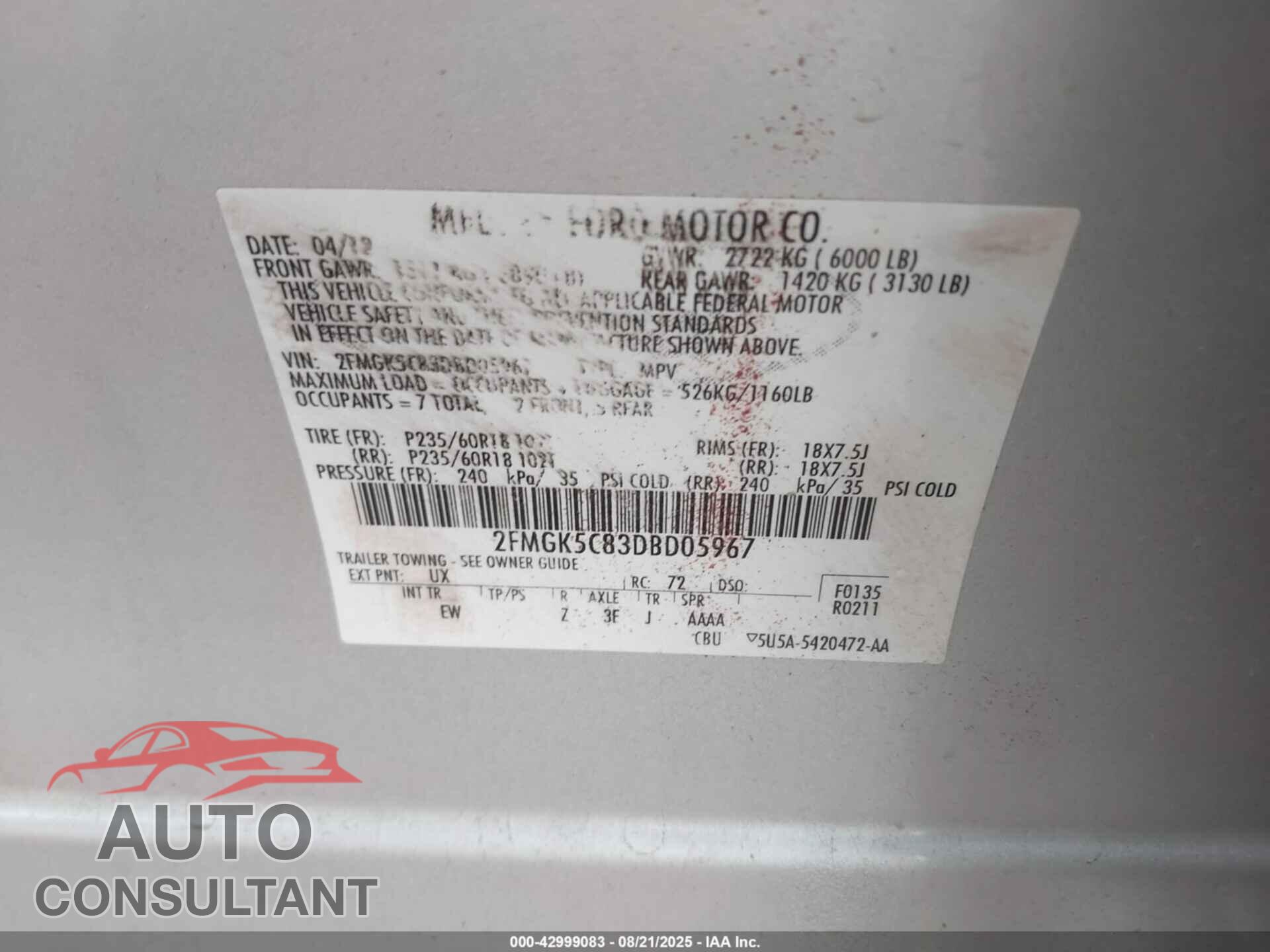 FORD FLEX 2013 - 2FMGK5C83DBD05967