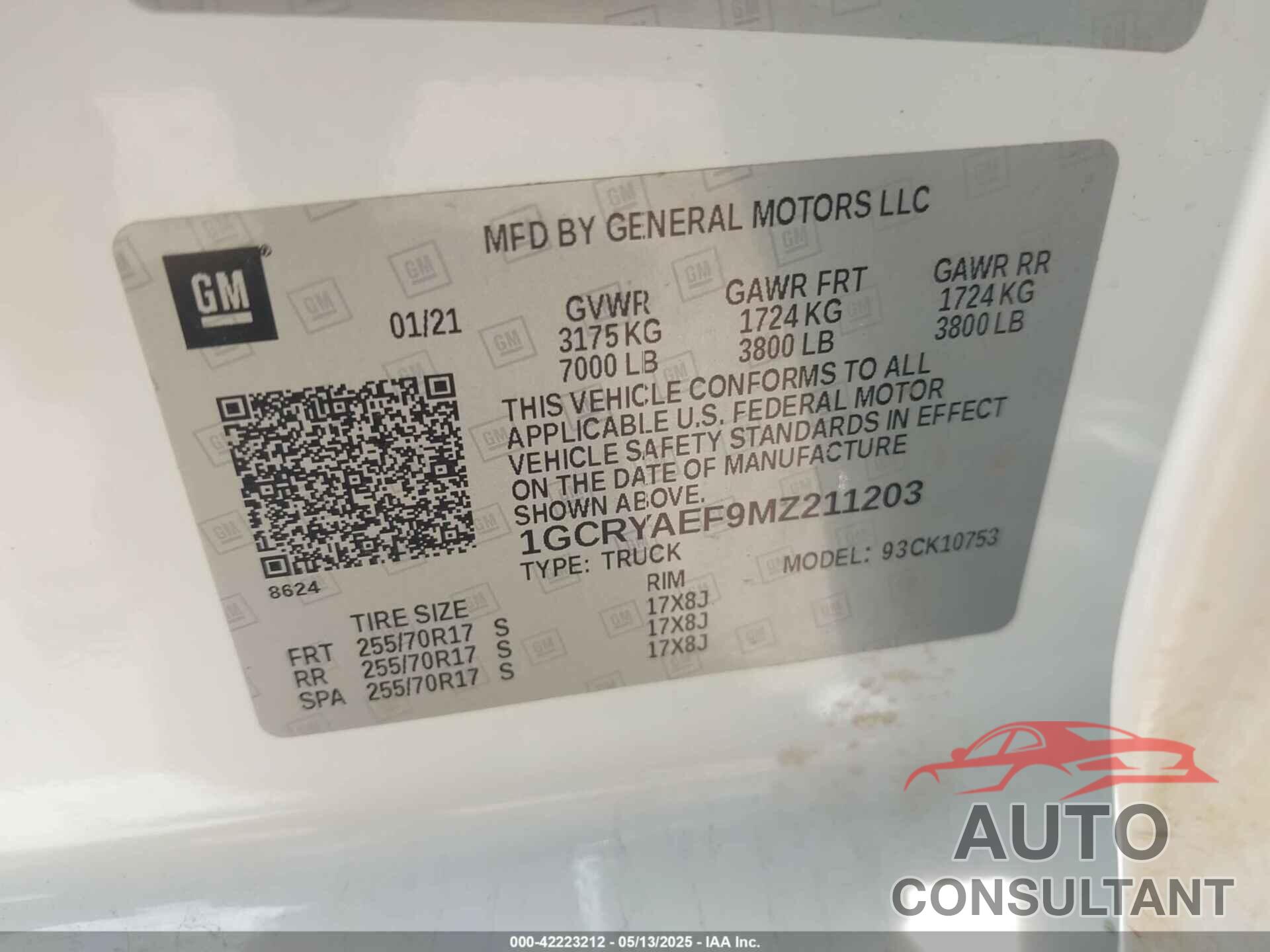 CHEVROLET SILVERADO 1500 2021 - 1GCRYAEF9MZ211203