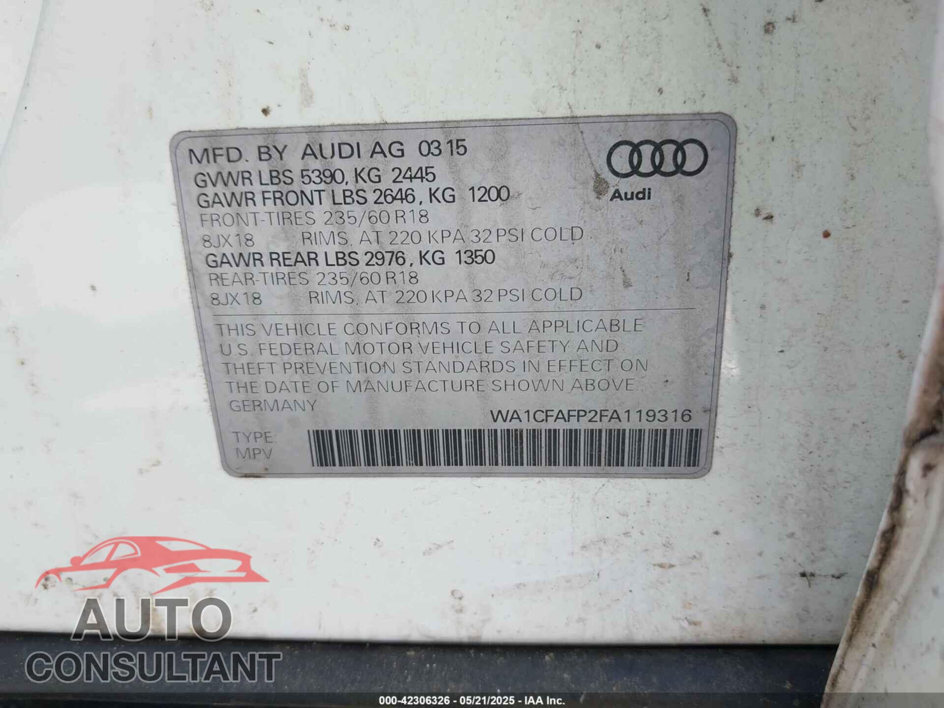 AUDI Q5 2015 - WA1CFAFP2FA119316