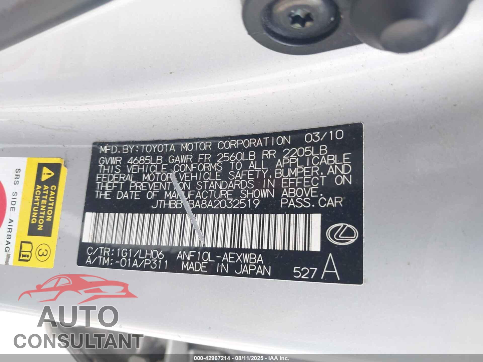 LEXUS HS 250H 2010 - JTHBB1BA8A2032519