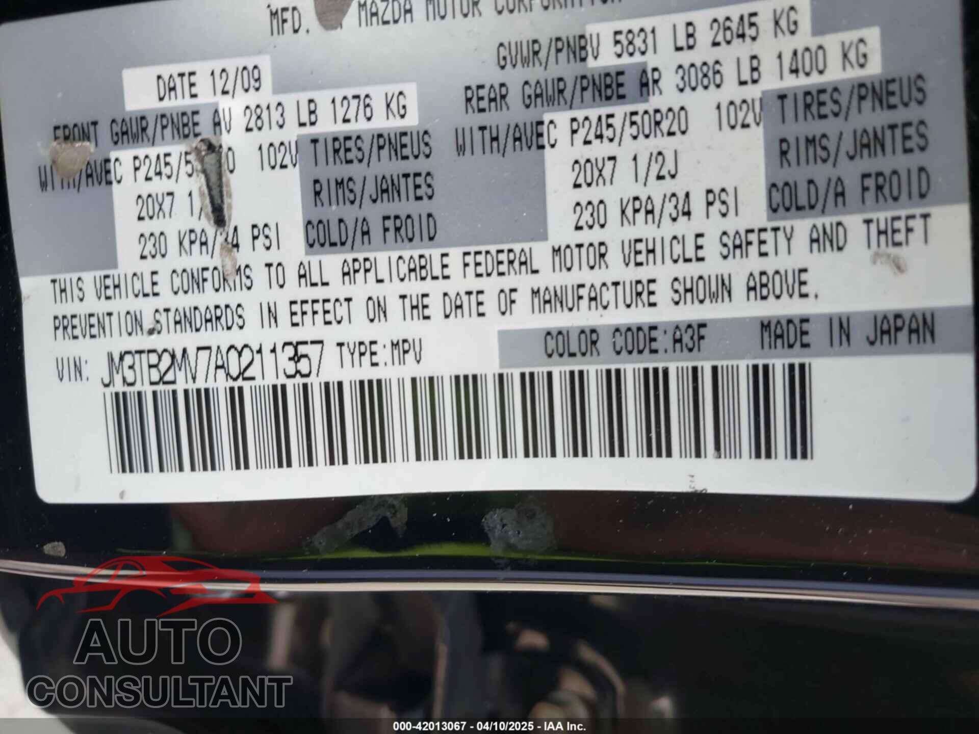 MAZDA CX-9 2010 - JM3TB2MV7A0211357