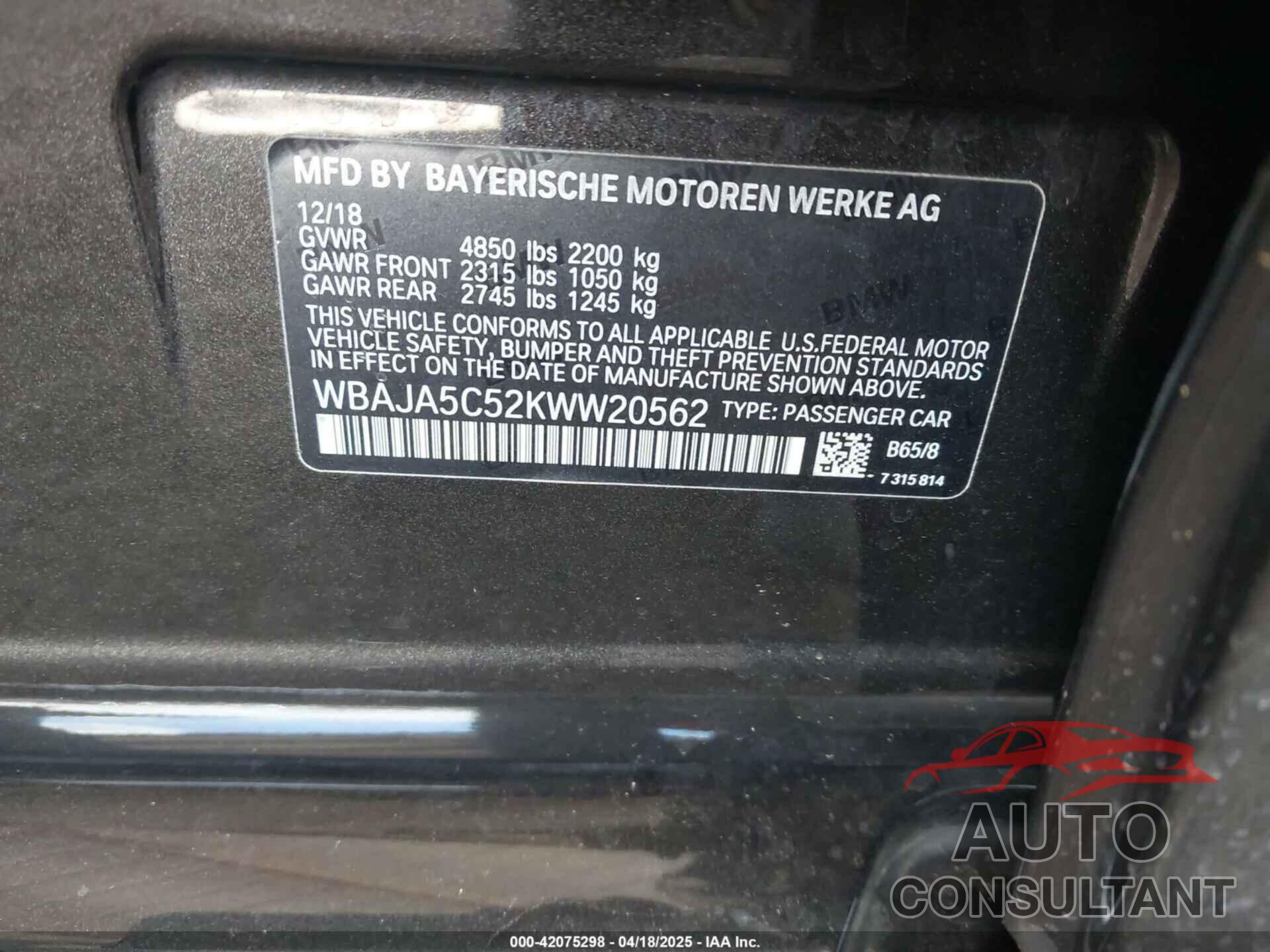 BMW 530I 2019 - WBAJA5C52KWW20562