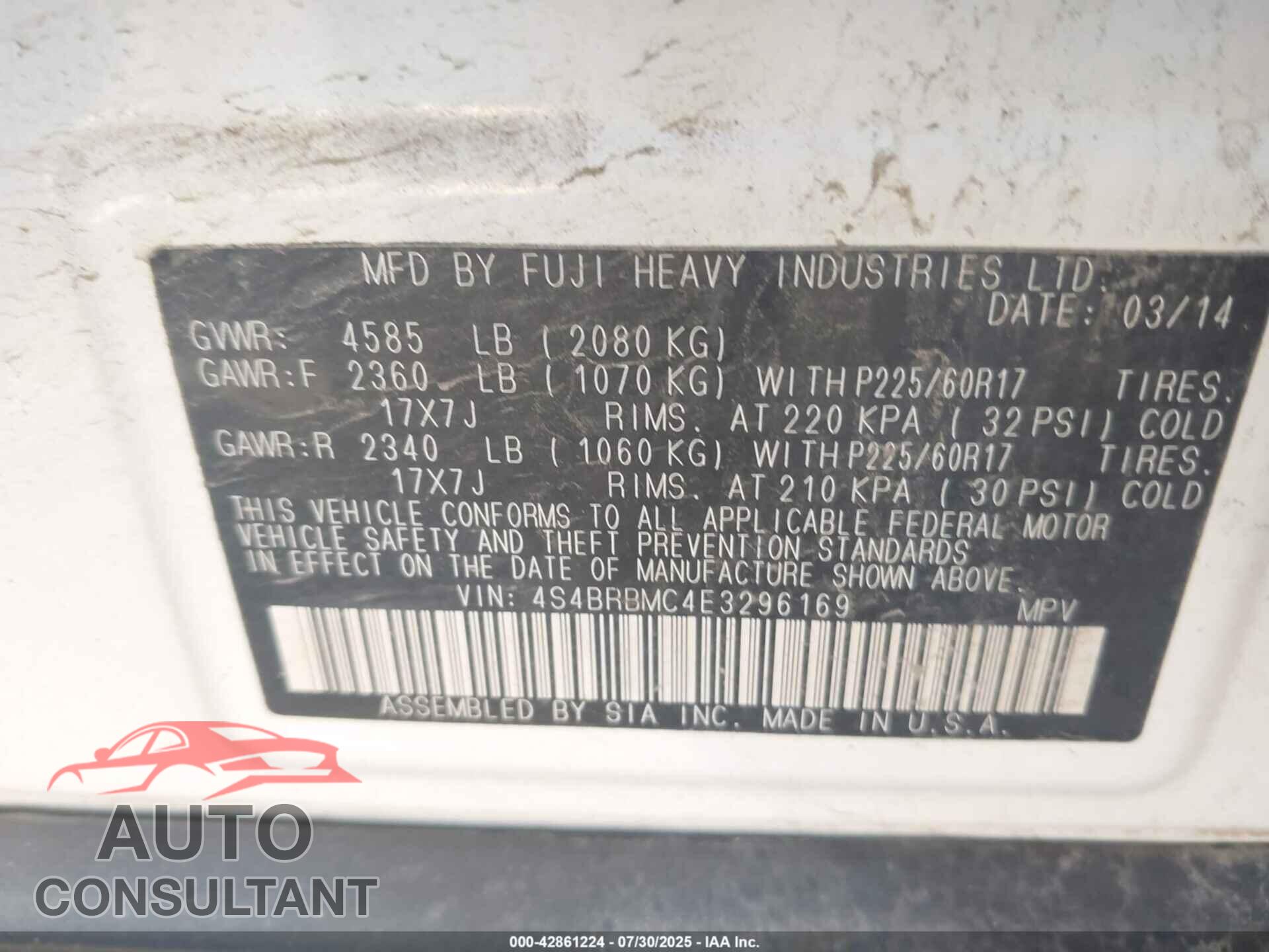 SUBARU OUTBACK 2014 - 4S4BRBMC4E3296169