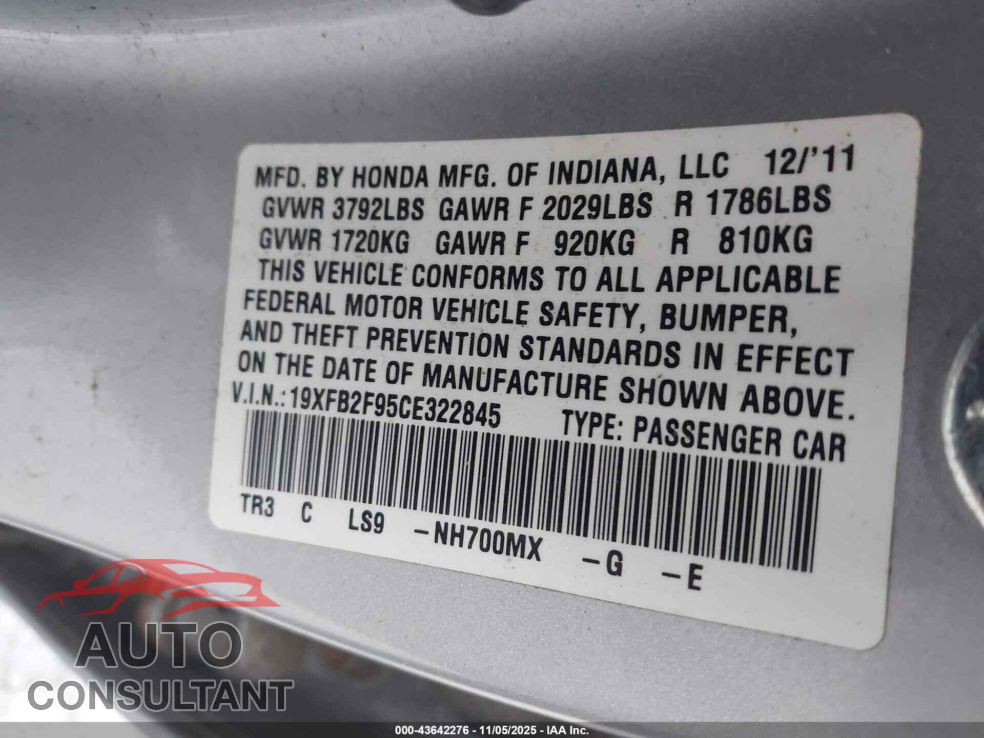 HONDA CIVIC 2012 - 19XFB2F95CE322845