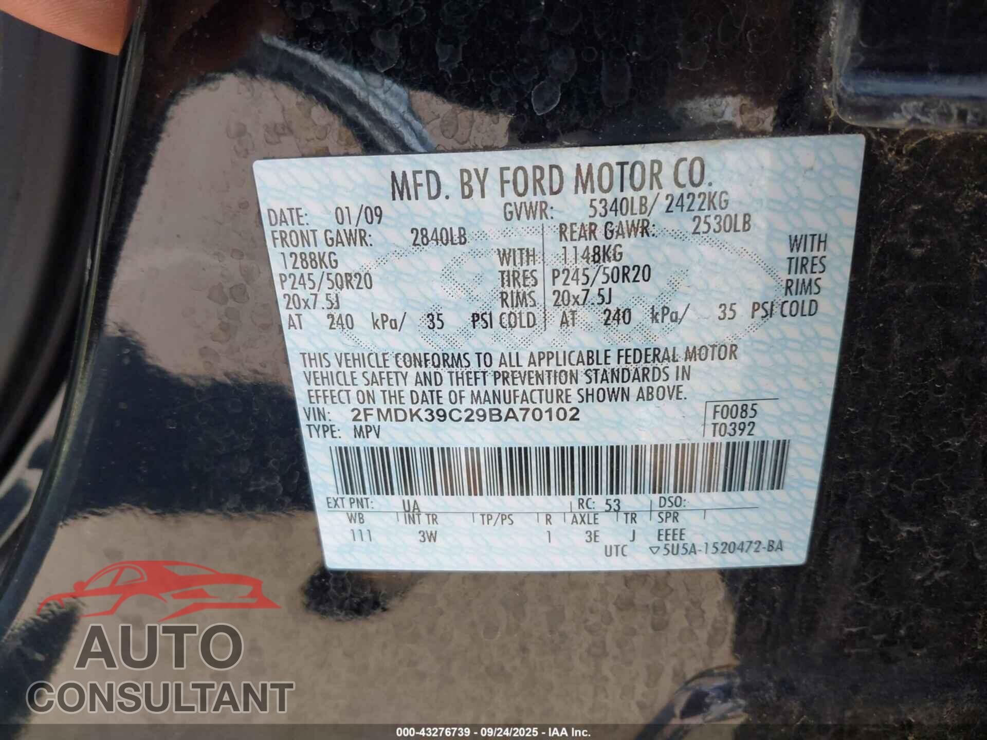 FORD EDGE 2009 - 2FMDK39C29BA70102
