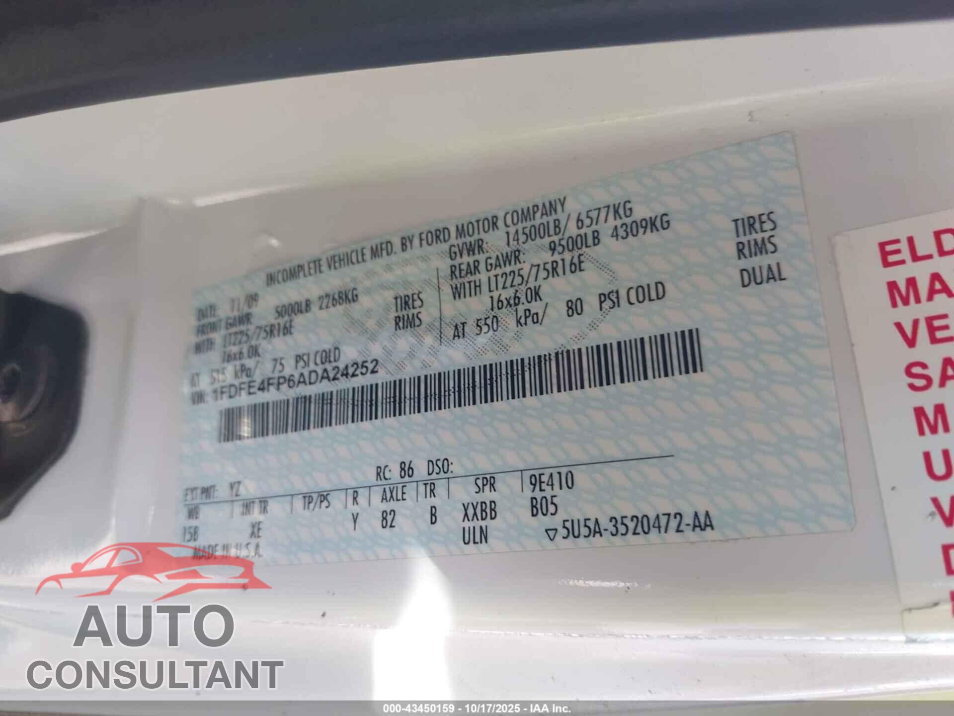 FORD E-450 CUTAWAY 2010 - 1FDFE4FP6ADA24252