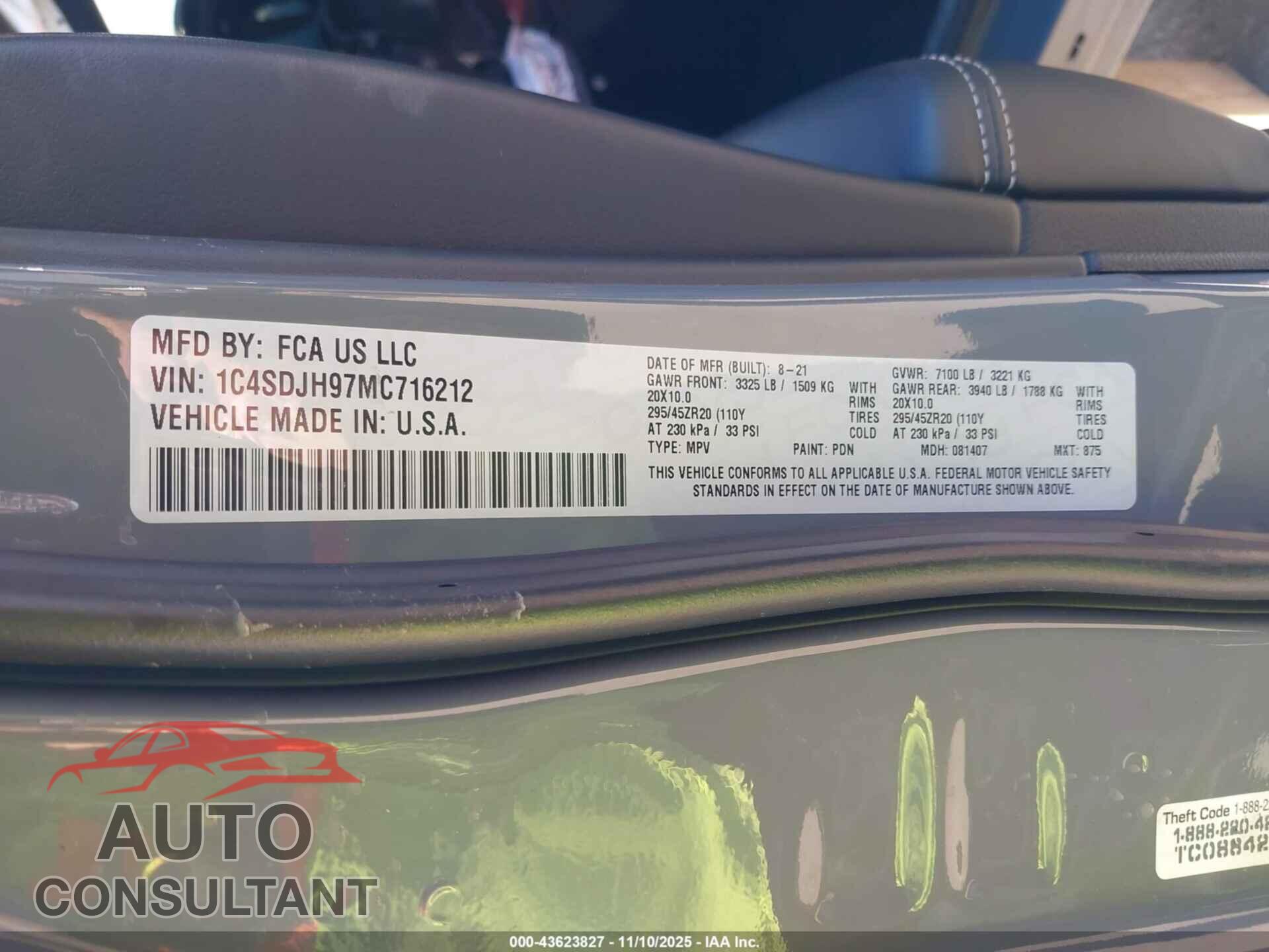 DODGE DURANGO 2021 - 1C4SDJH97MC716212