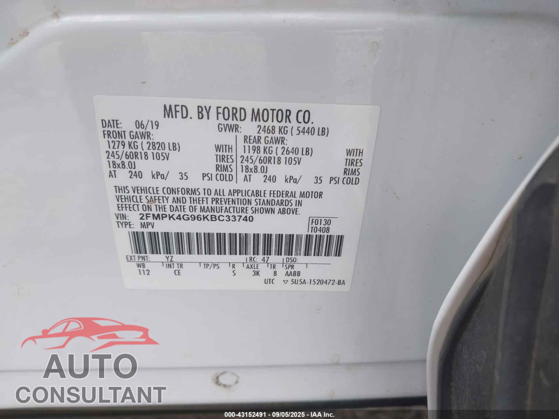 FORD EDGE 2019 - 2FMPK4G96KBC33740