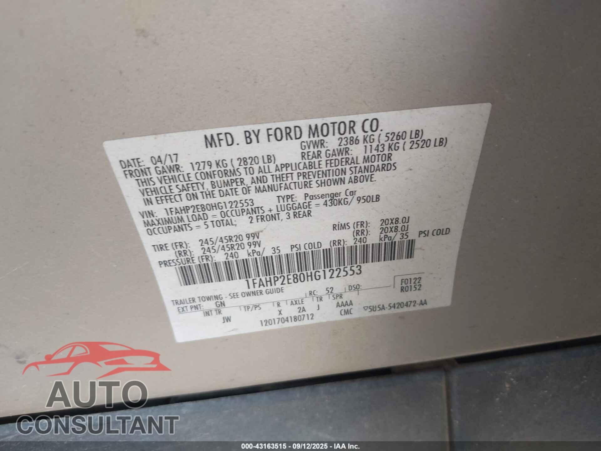 FORD TAURUS 2017 - 1FAHP2E80HG122553