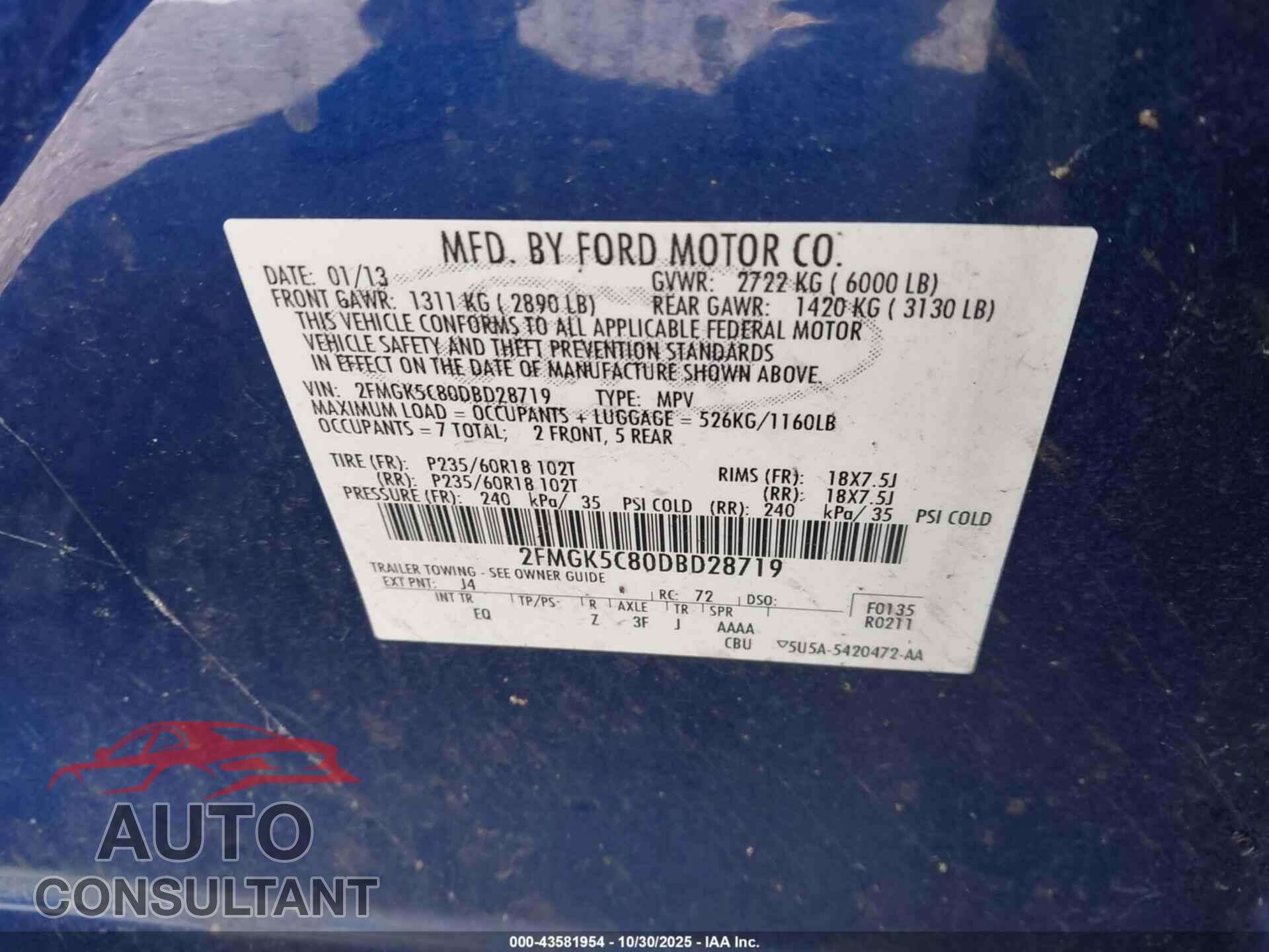 FORD FLEX 2013 - 2FMGK5C80DBD28719