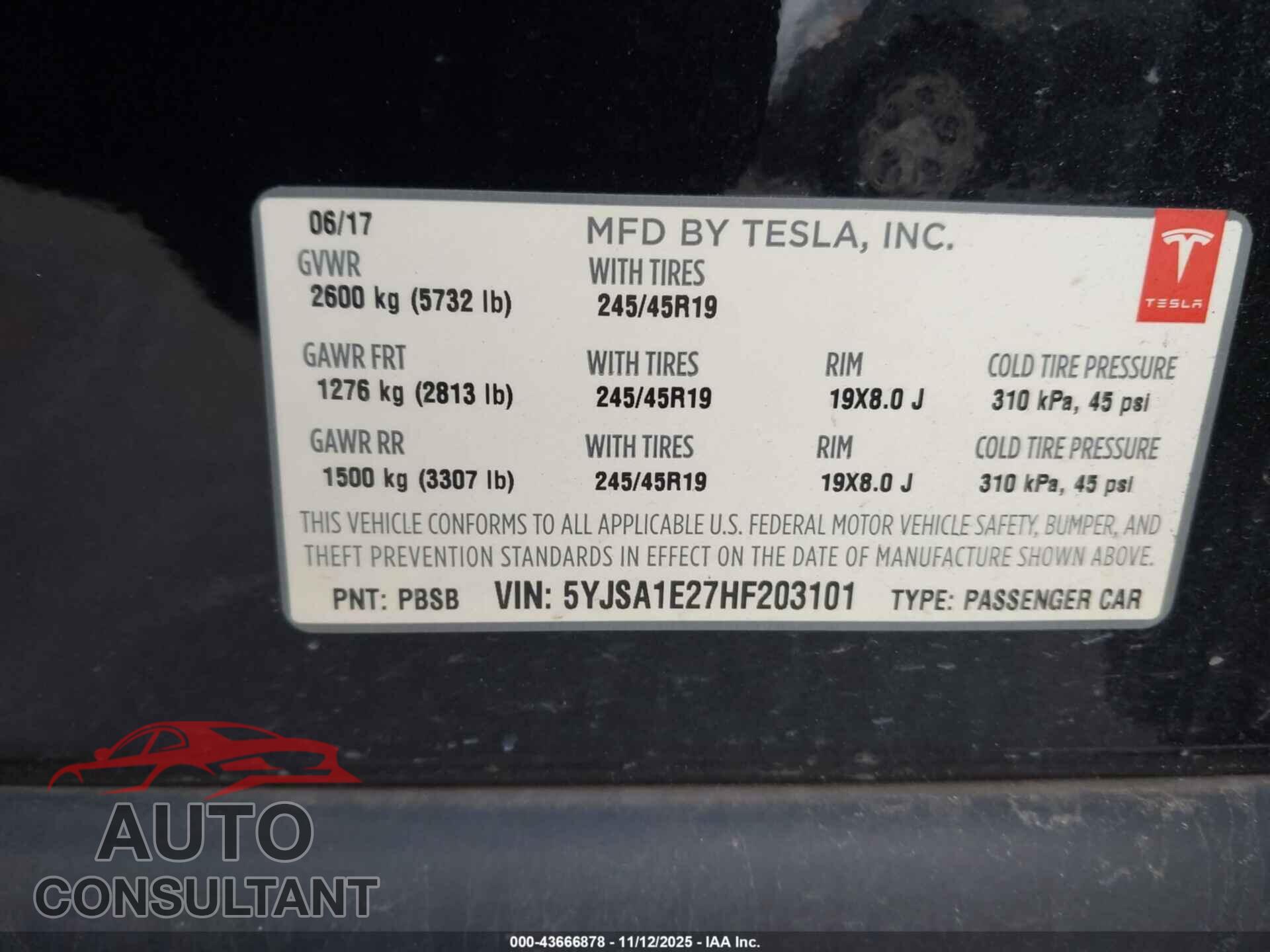 TESLA MODEL S 2017 - 5YJSA1E27HF203101