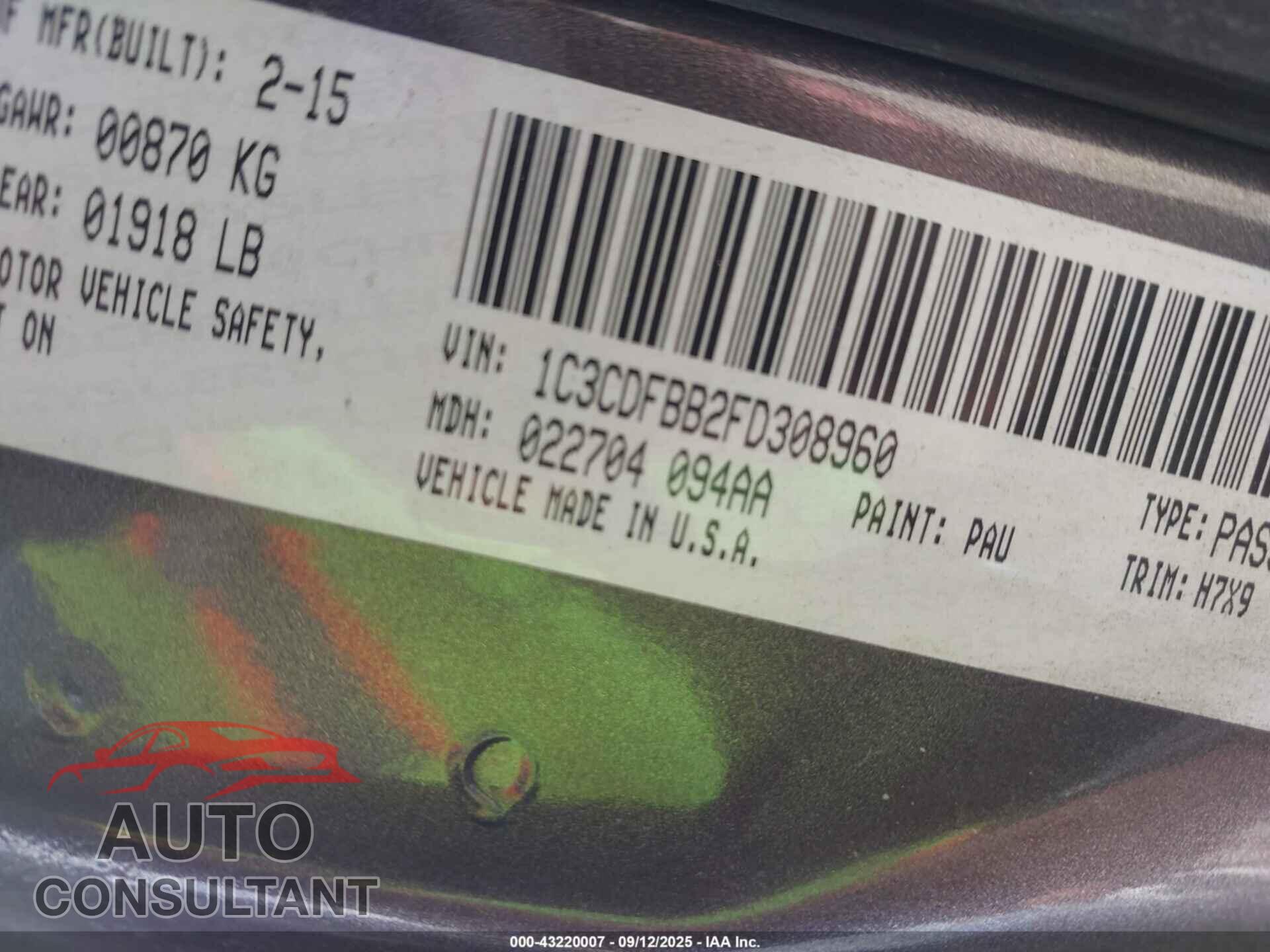 DODGE DART 2015 - 1C3CDFBB2FD308960