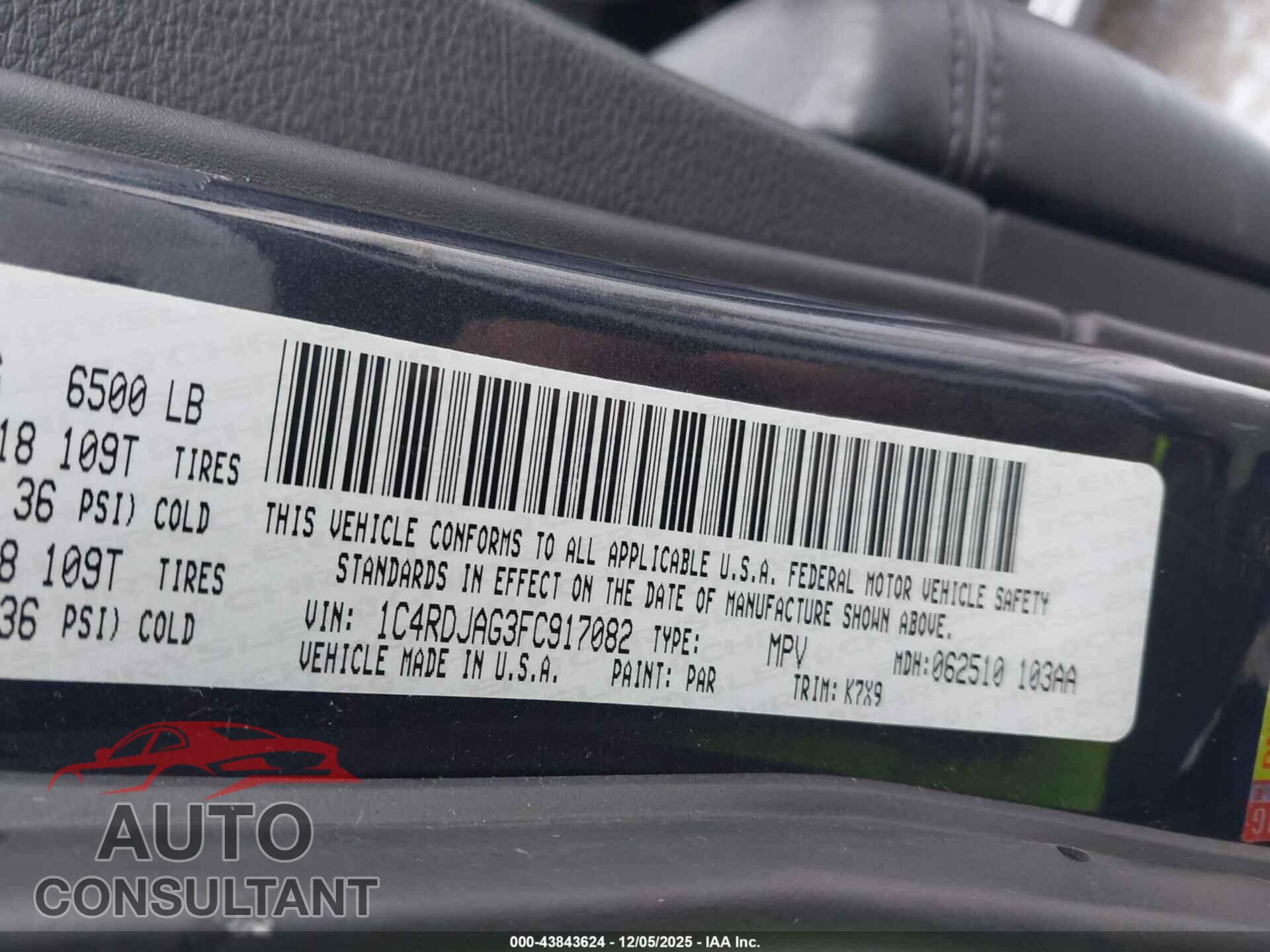 DODGE DURANGO 2015 - 1C4RDJAG3FC917082