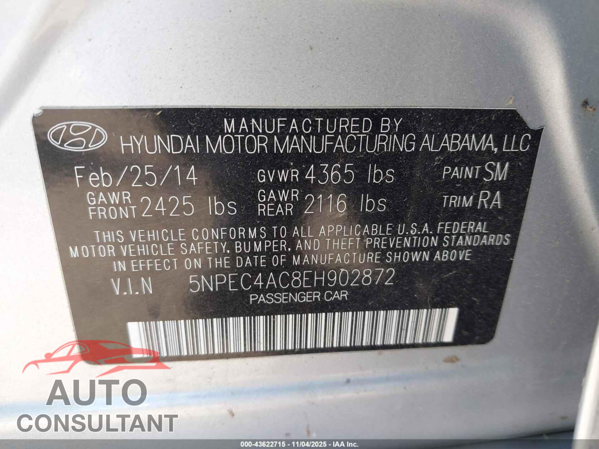 HYUNDAI SONATA 2014 - 5NPEC4AC8EH902872