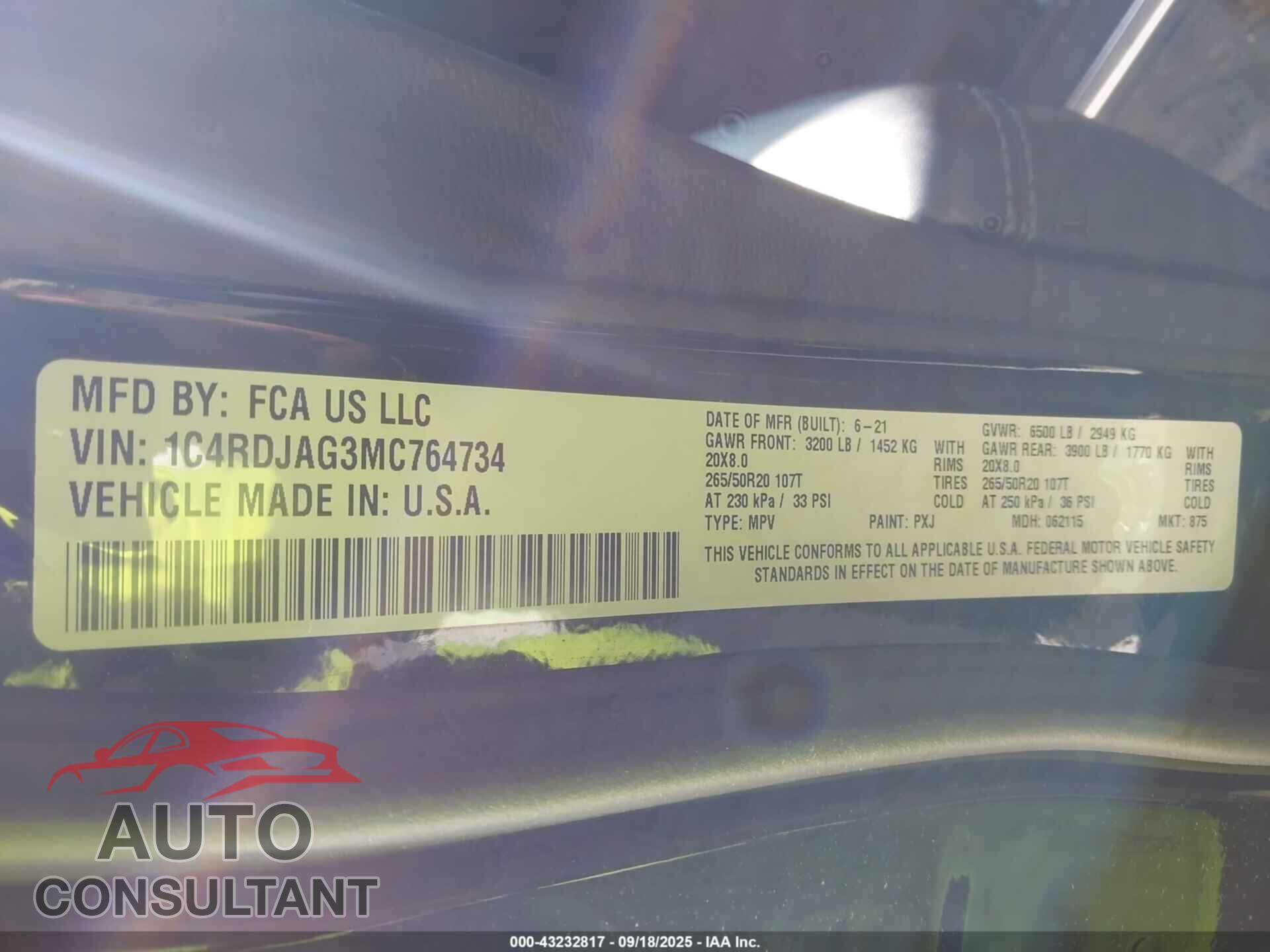 DODGE DURANGO 2021 - 1C4RDJAG3MC764734