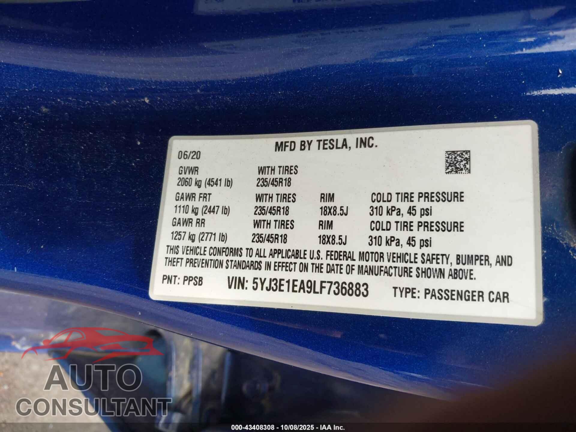 TESLA MODEL 3 2020 - 5YJ3E1EA9LF736883