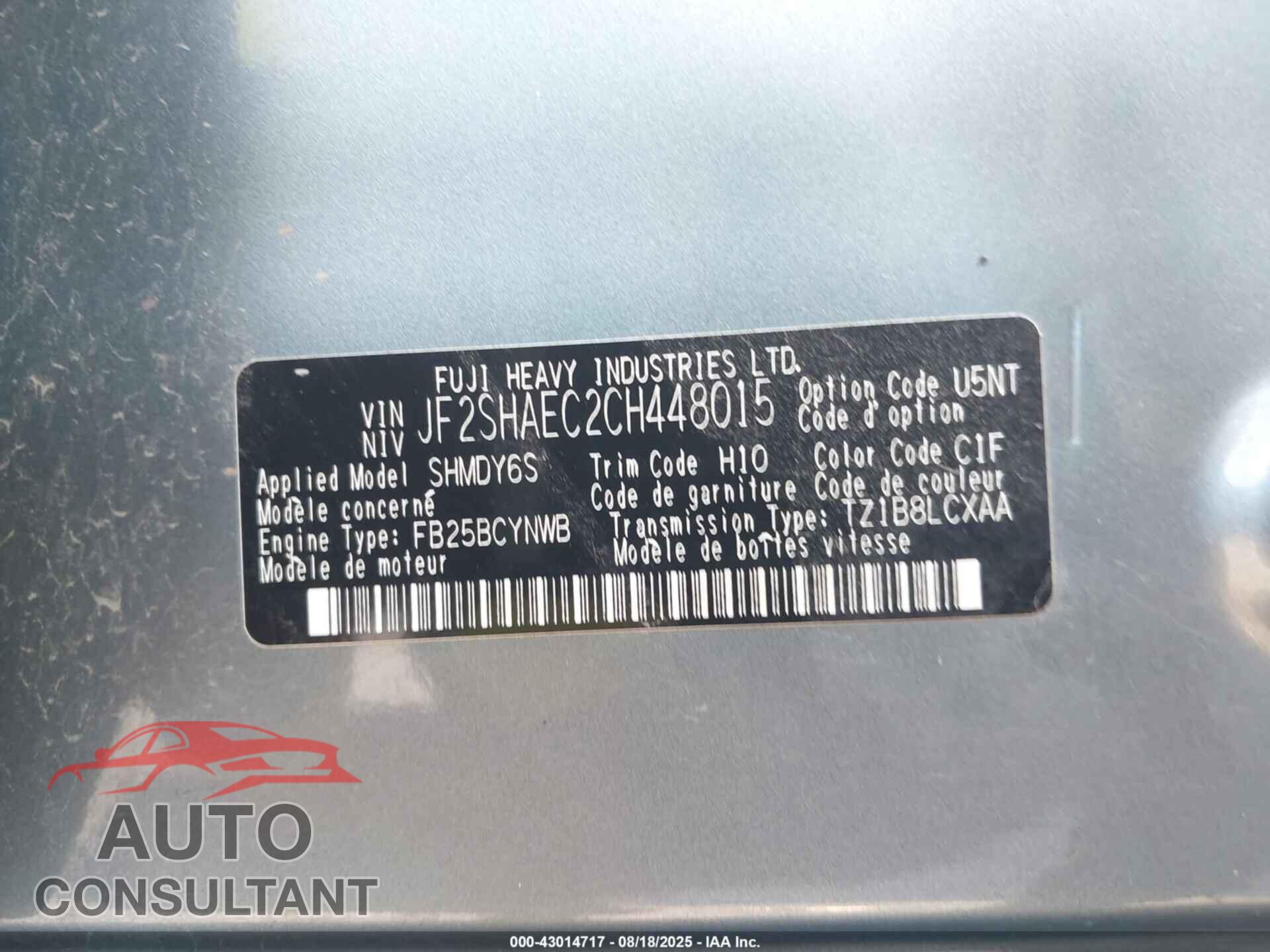 SUBARU FORESTER 2012 - JF2SHAEC2CH448015