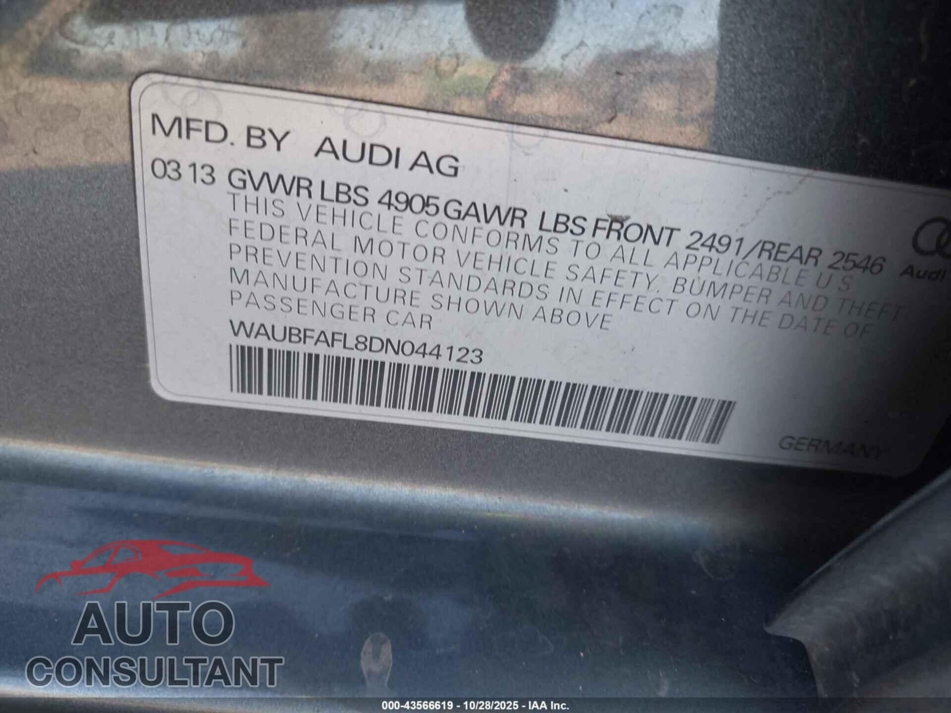 AUDI A4 2013 - WAUBFAFL8DN044123