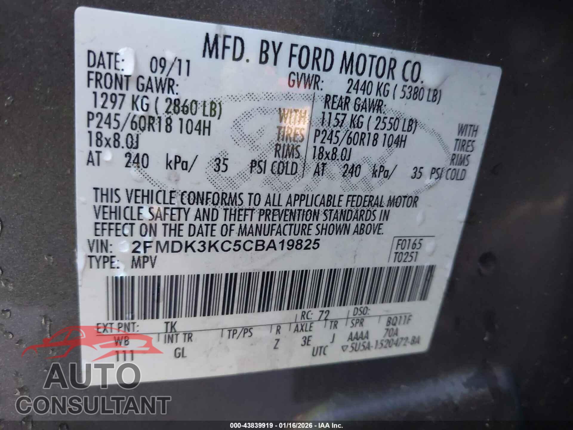 FORD EDGE 2012 - 2FMDK3KC5CBA19825
