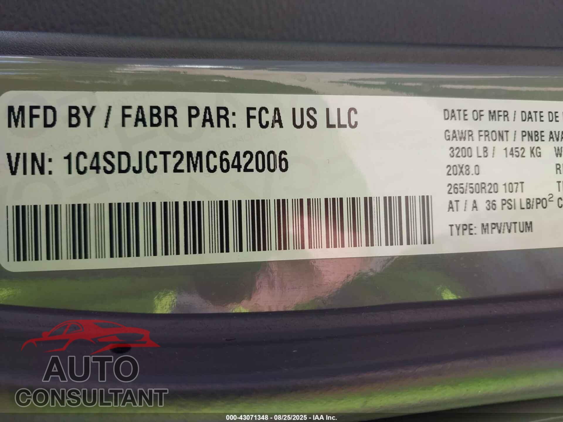 DODGE DURANGO 2021 - 1C4SDJCT2MC642006