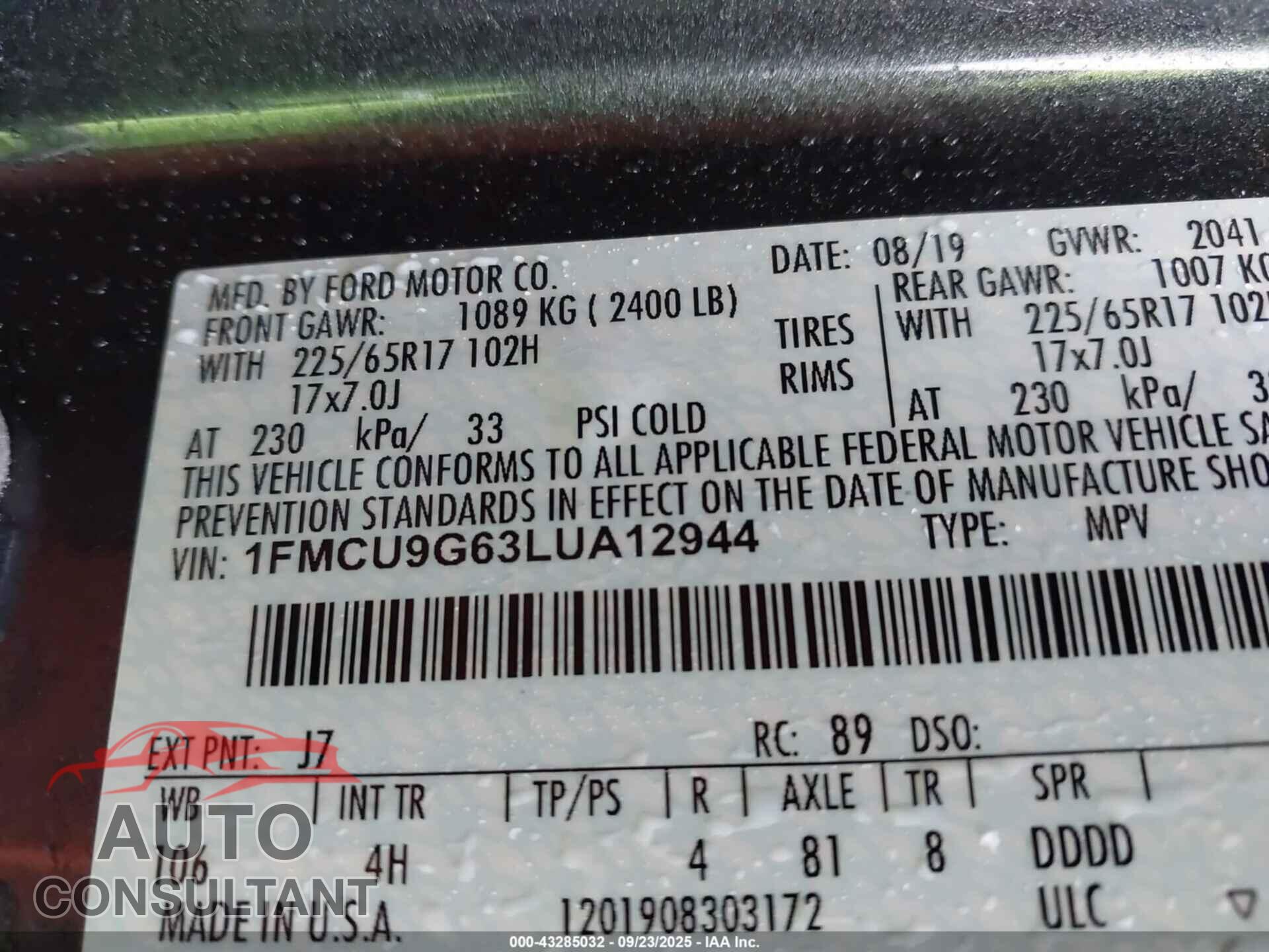 FORD ESCAPE 2020 - 1FMCU9G63LUA12944