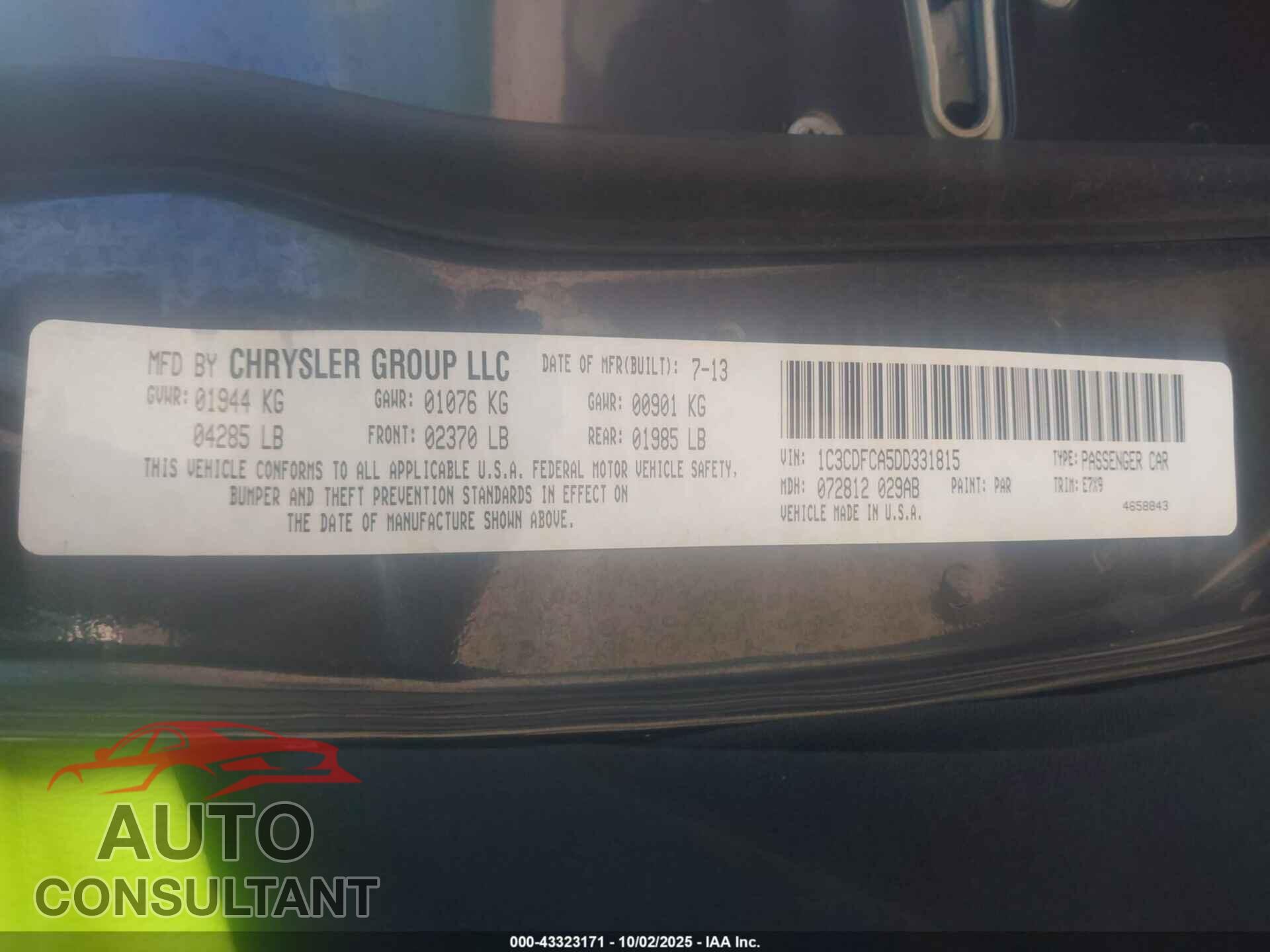 DODGE DART 2013 - 1C3CDFCA5DD331815