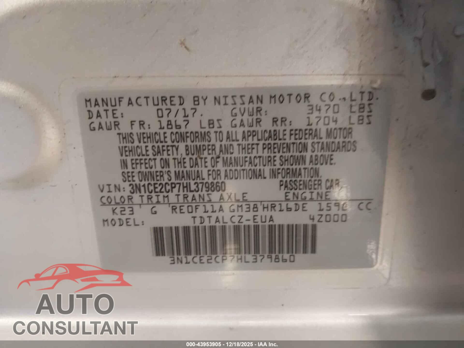 NISSAN VERSA NOTE 2017 - 3N1CE2CP7HL379860