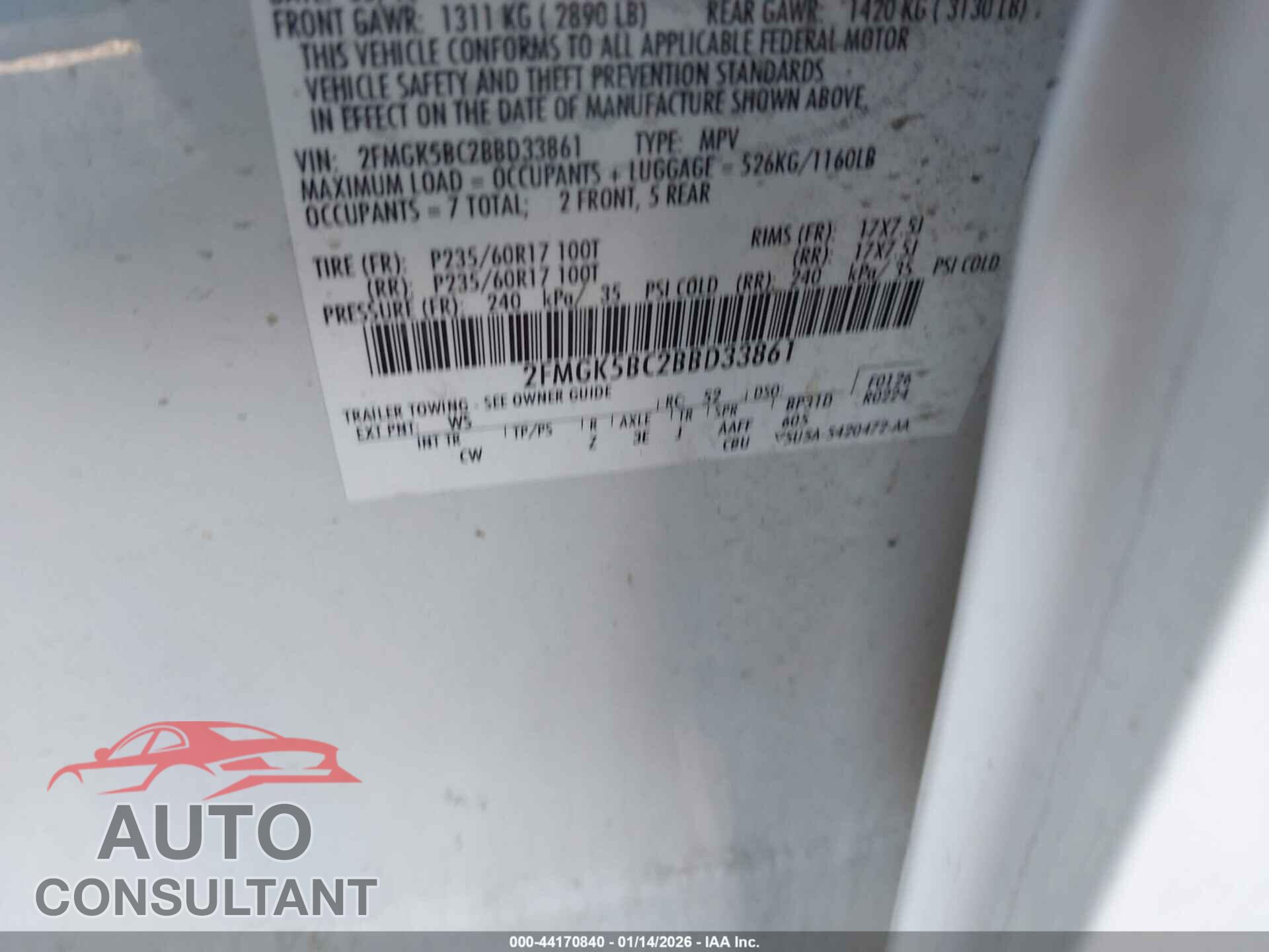 FORD FLEX 2011 - 2FMGK5BC2BBD33861