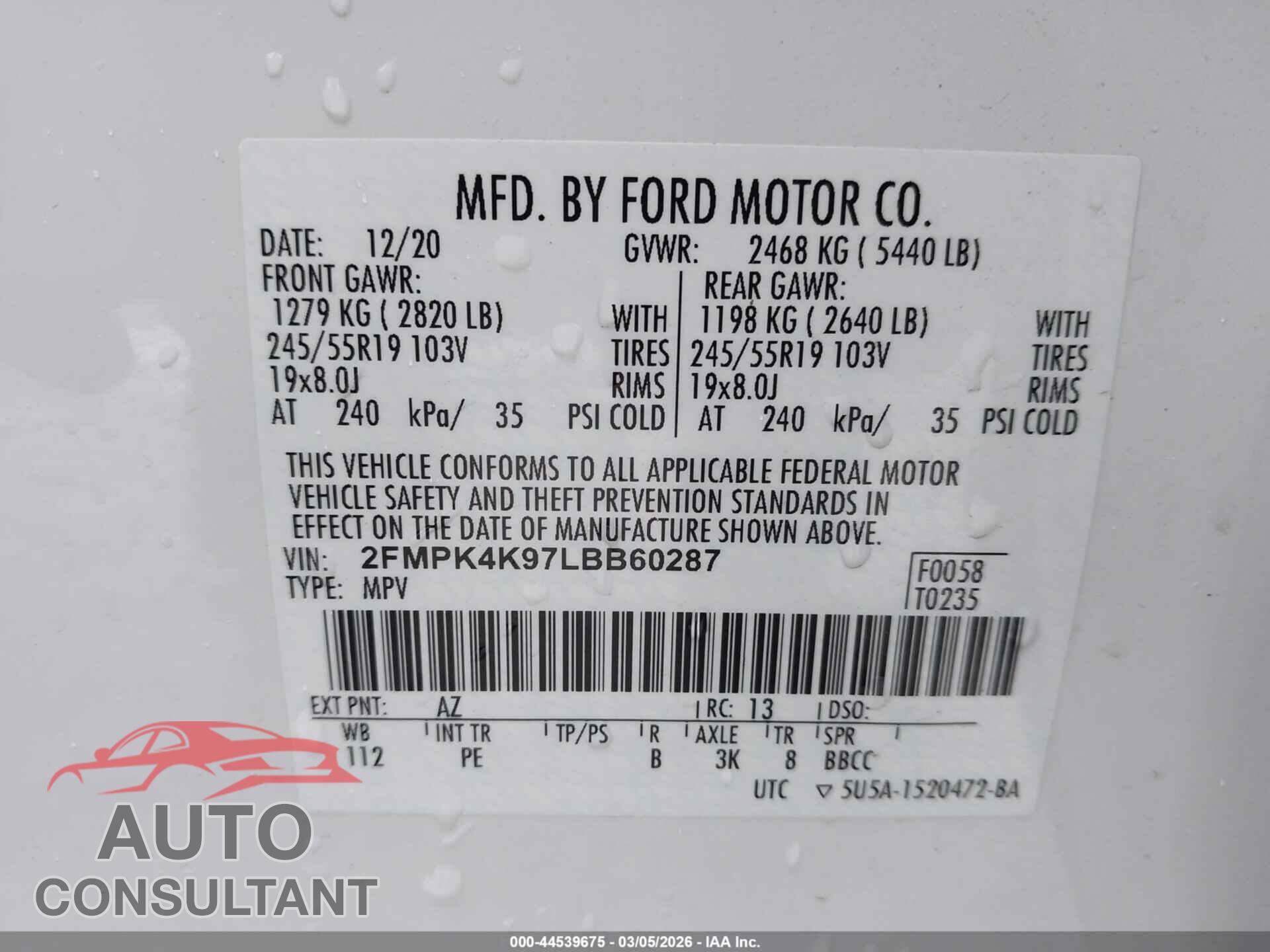 FORD EDGE 2020 - 2FMPK4K97LBB60287