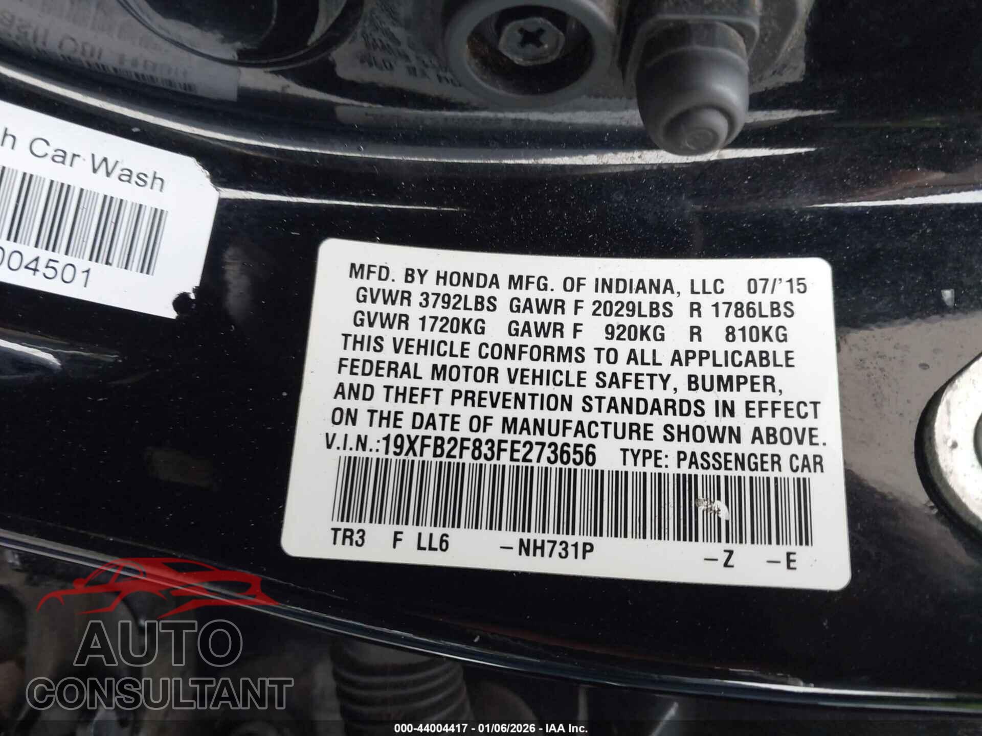 HONDA CIVIC 2015 - 19XFB2F83FE273656