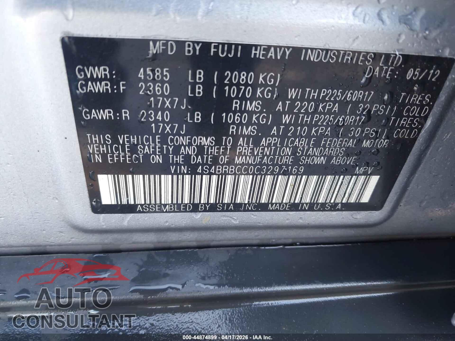 SUBARU OUTBACK 2012 - 4S4BRBCC0C3297169
