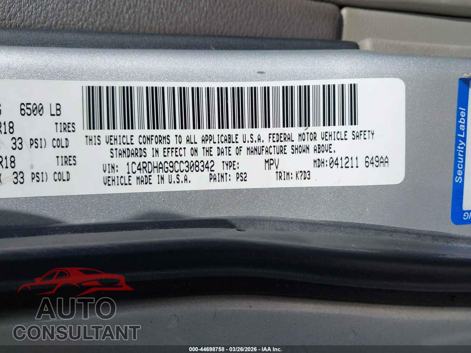 DODGE DURANGO 2012 - 1C4RDHAG9CC308342