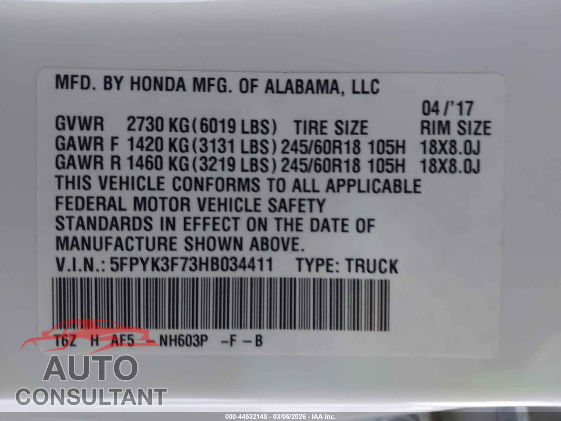 HONDA RIDGELINE 2017 - 5FPYK3F73HB034411
