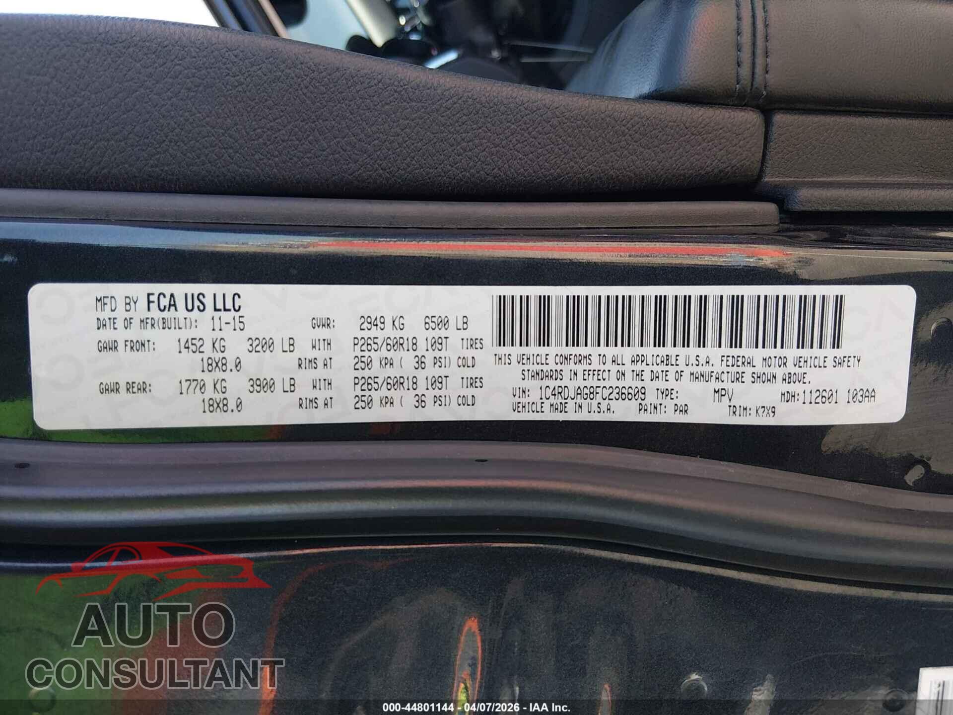 DODGE DURANGO 2015 - 1C4RDJAG8FC236609