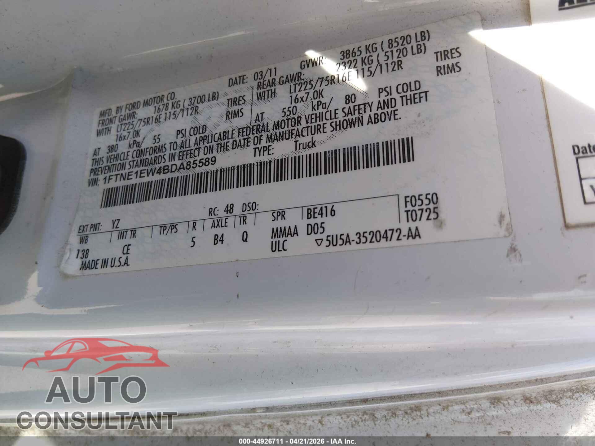 FORD E-150 2011 - 1FTNE1EW4BDA85589