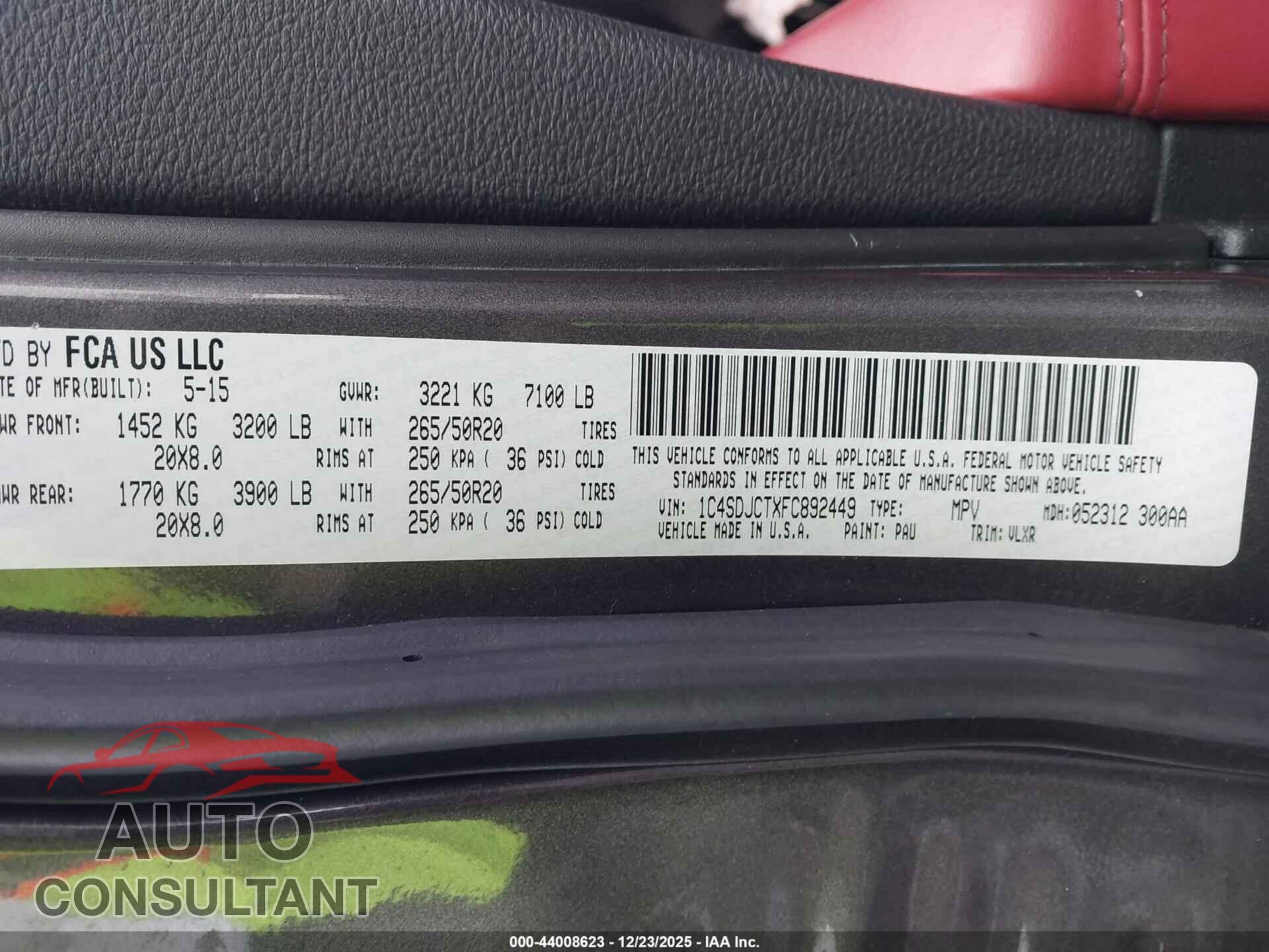 DODGE DURANGO 2015 - 1C4SDJCTXFC892449
