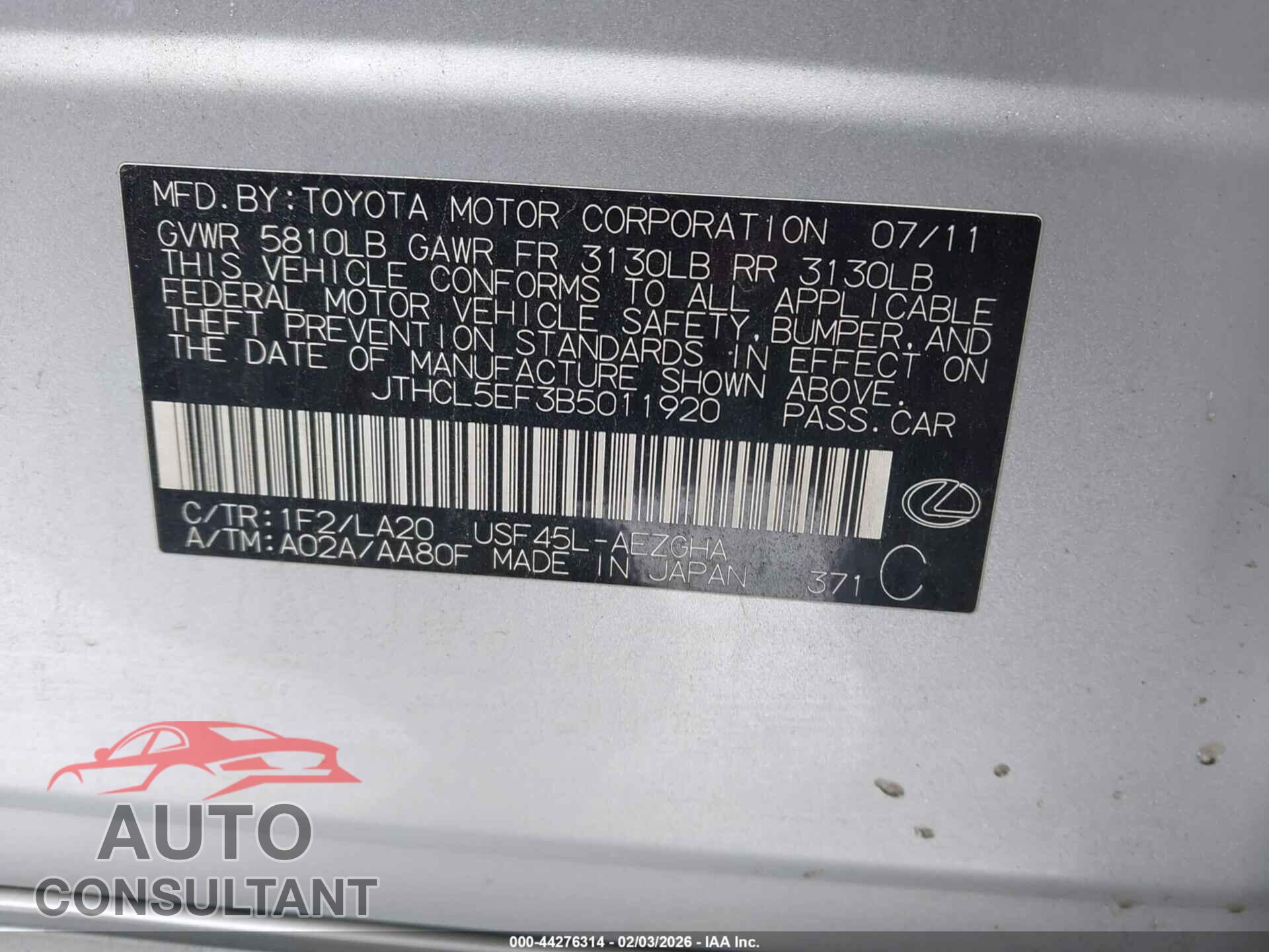 LEXUS LS 460 2011 - JTHCL5EF3B5011920